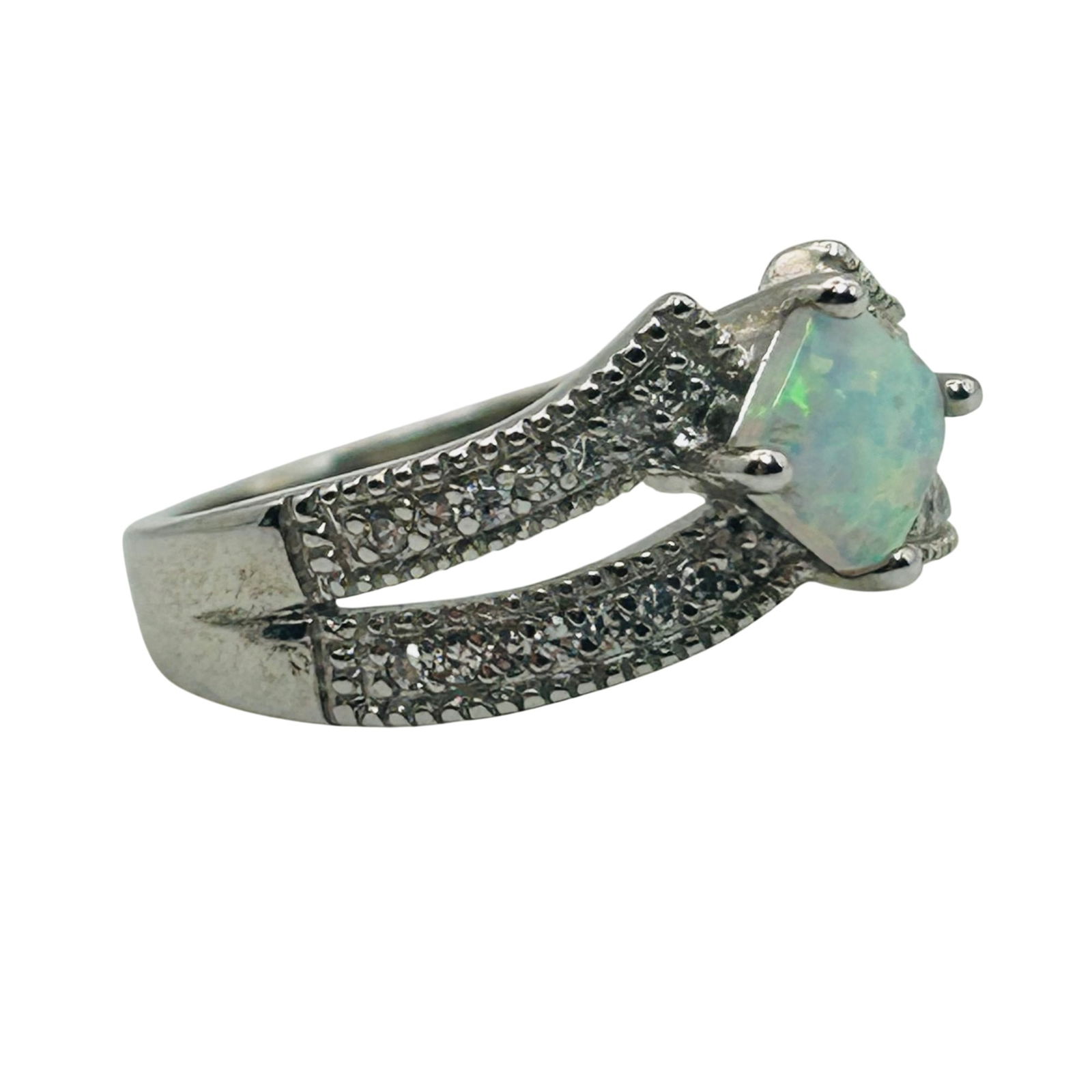 NVC Sterling Opal Split Shank Ring. Size 5 - 7