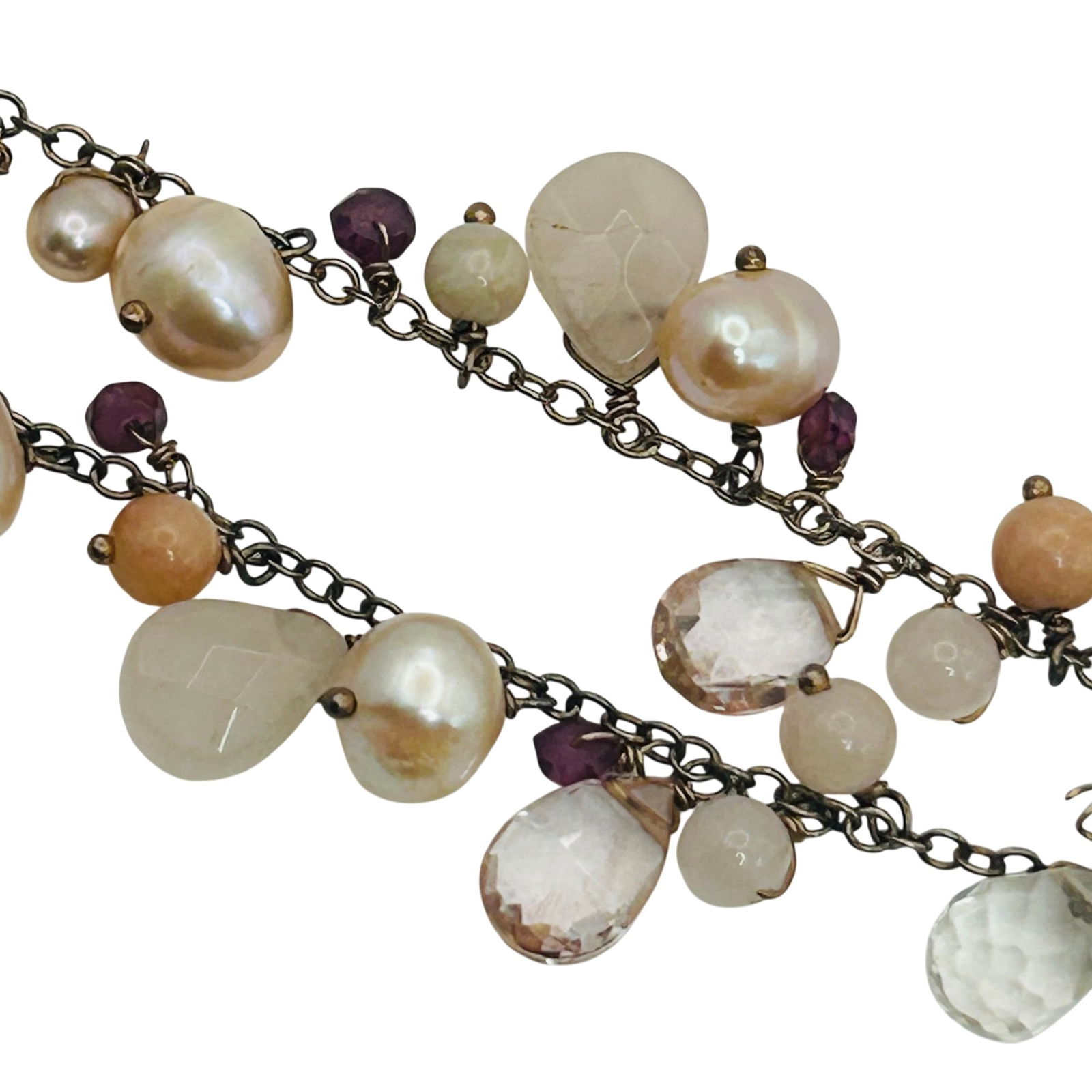 Sterling Quartz And Pearl Cable Chain Adjustable Necklace.: Sterling quartz and pearl cable chain adjustable necklace. 9.90g