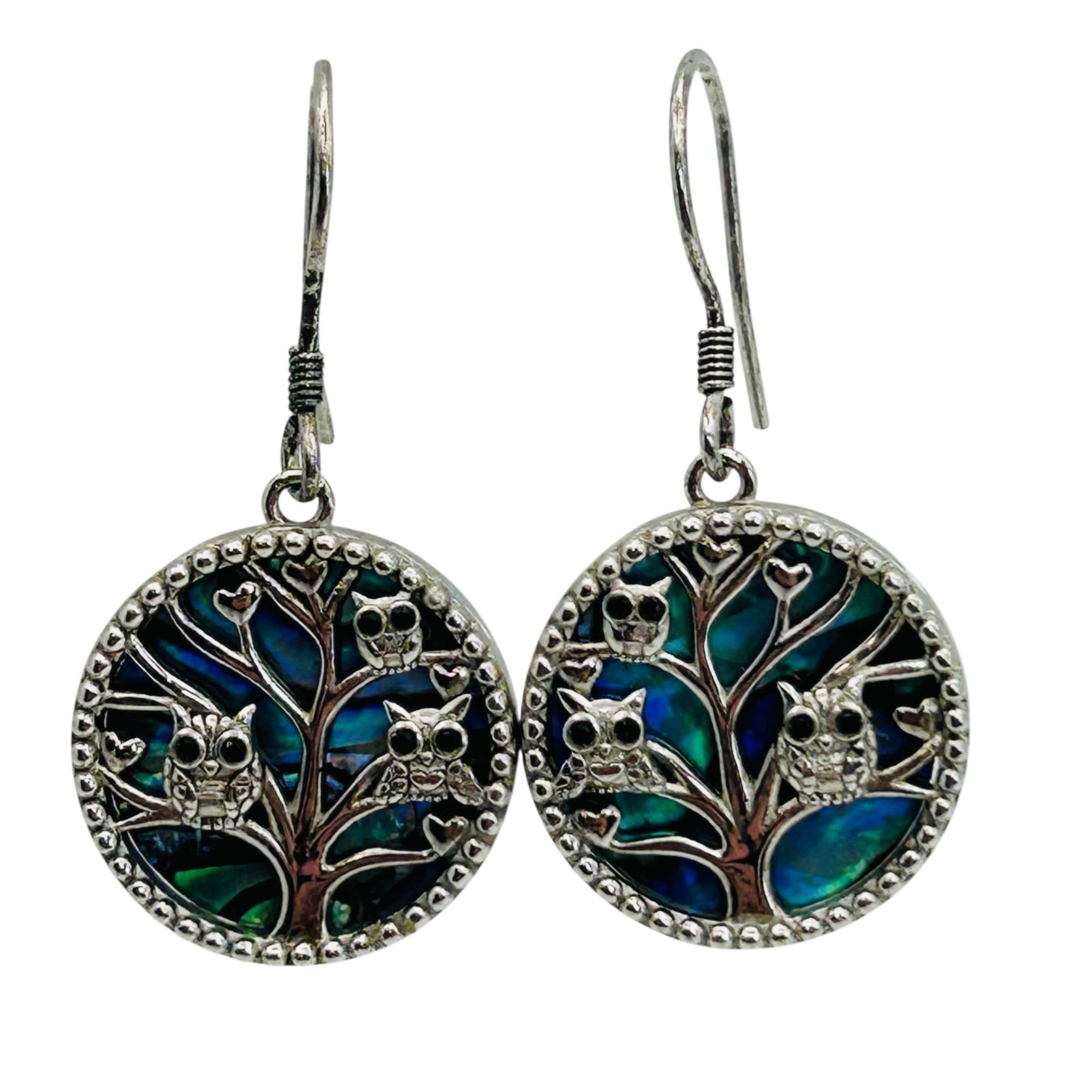 Sterling Abalone Owl In Tree Hook Back Earrings: Sterling abalone owl in tree hook back earrings. 4.40g