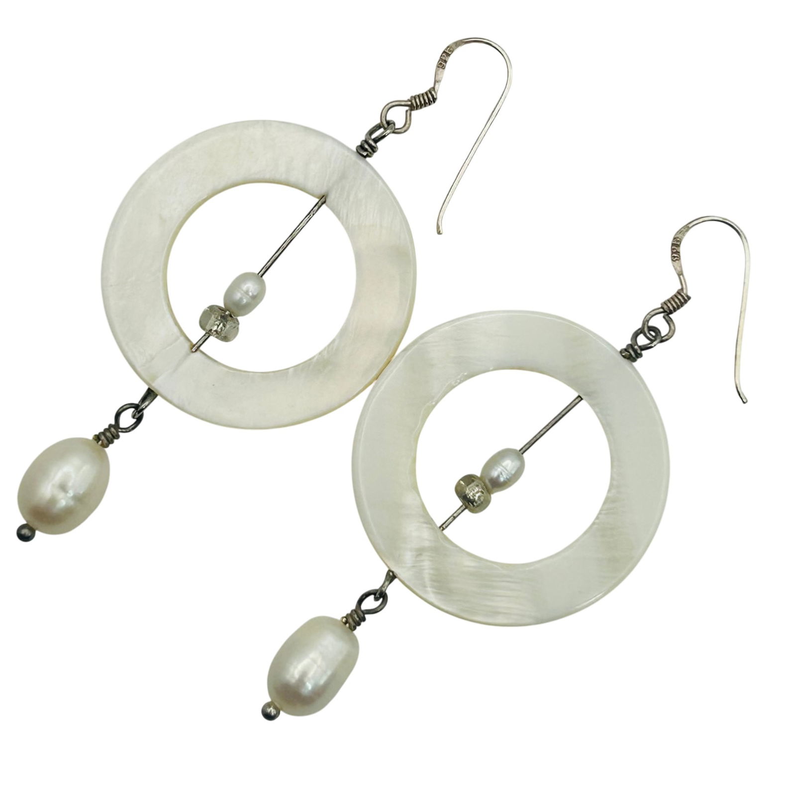 Sterling Round Mother Of Pearl Dangle Hook Back Earrings: Sterling round mother of pearl dangle hook back earrings. 8.04g