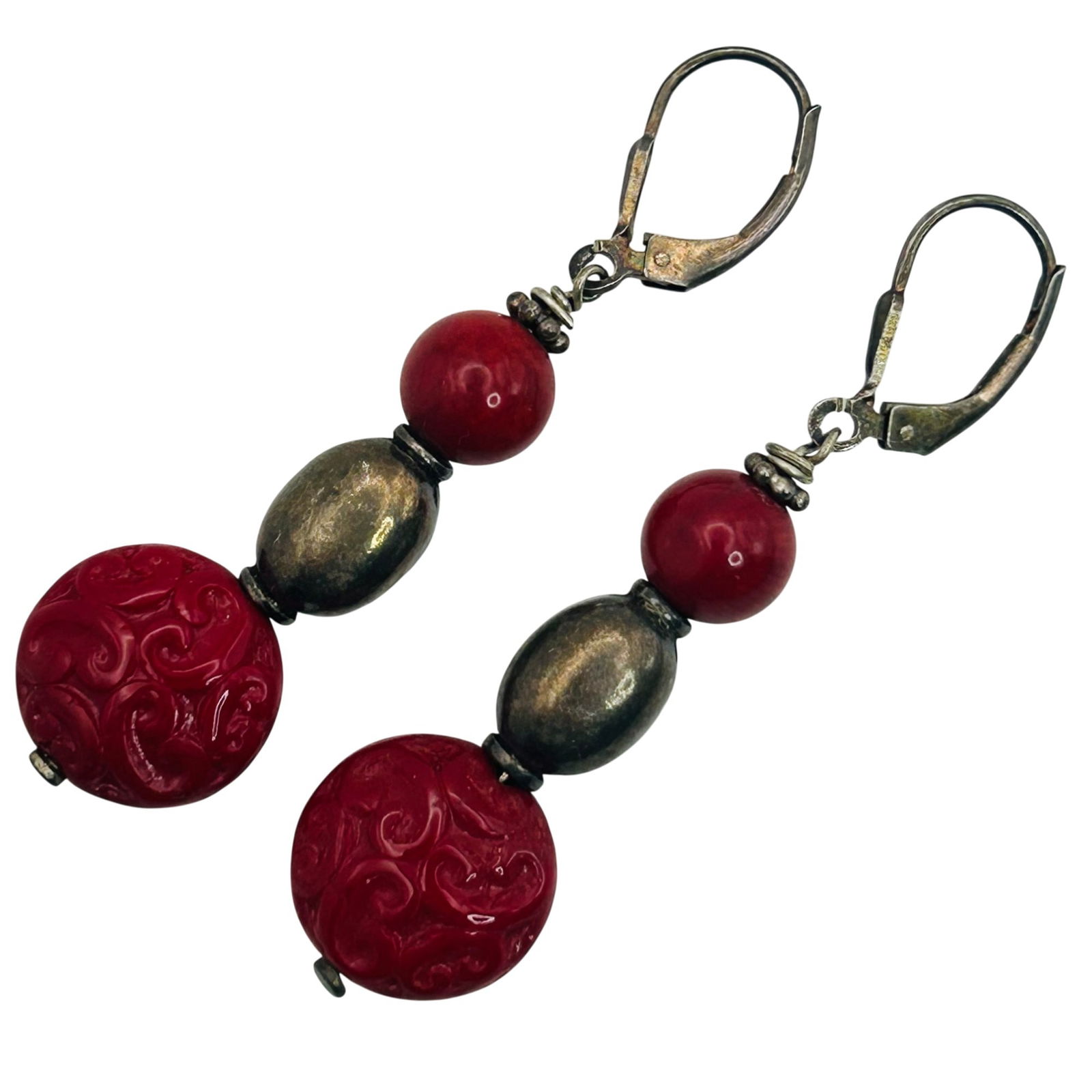 Sterling Coral And Bead Jacket Dangle Earrings: Sterling coral and bead jacket dangle earrings. 8.40g