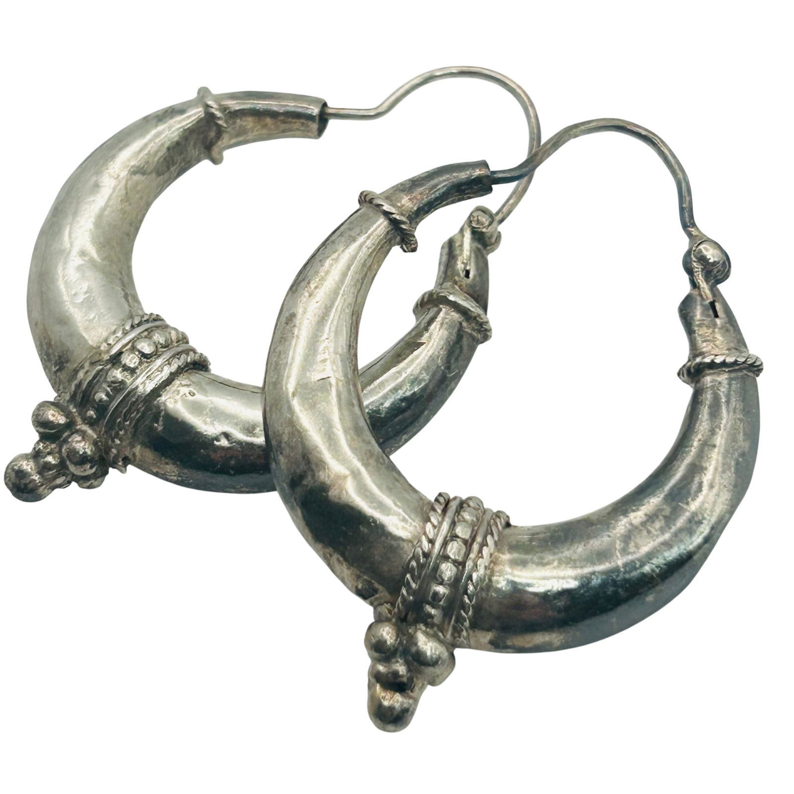Sterling Modern Tribal Hoop Earrings: Sterling modern tribal hoop earrings. 8.40g