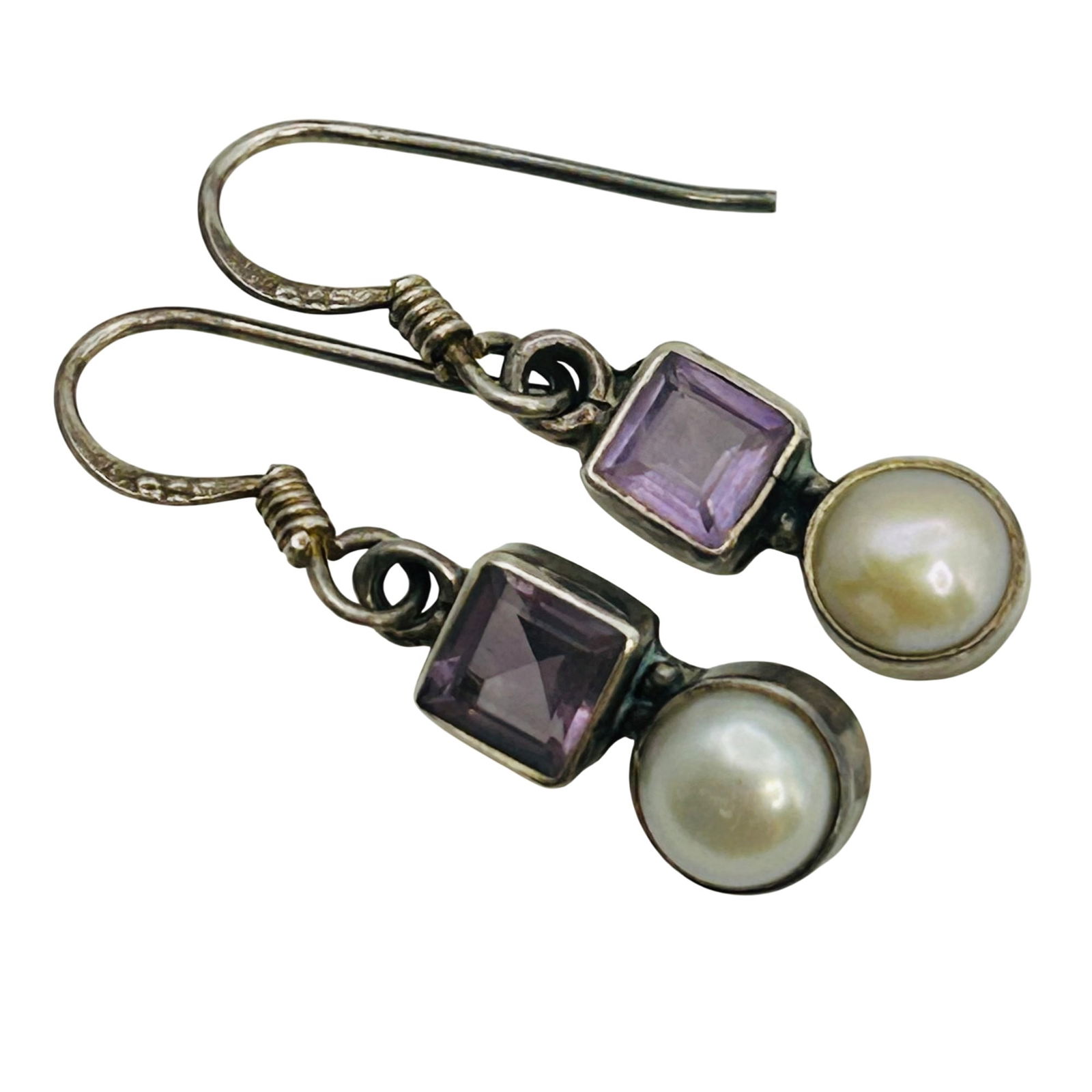 Sterling Amethyst Pearl Hook Back Earrings: Sterling amethyst pearl hook back earrings. 3.00g