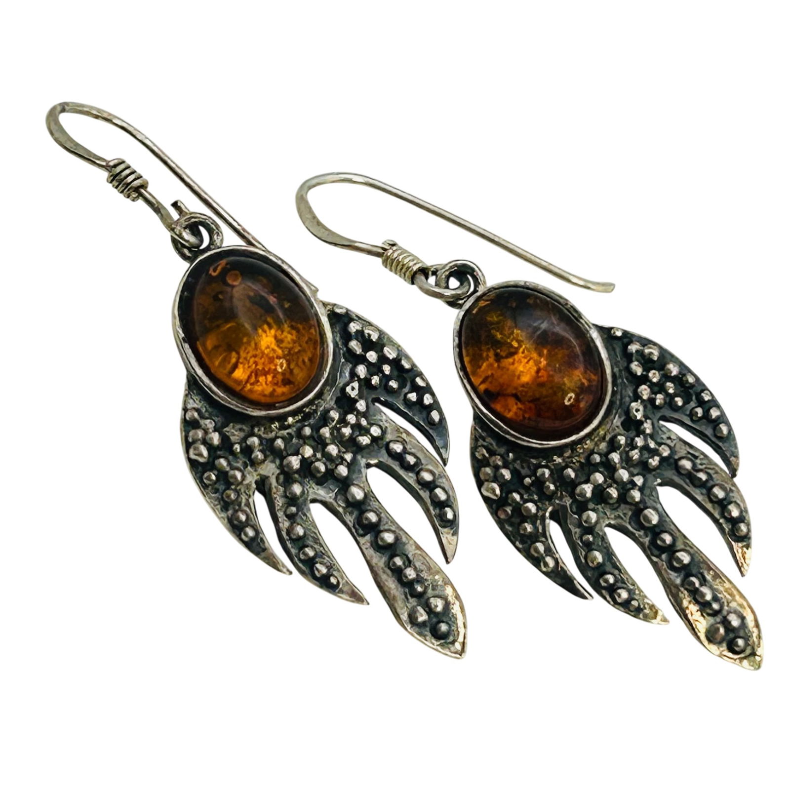 Sterling Amber Leaf Design Hook Back Earrings: Sterling Amber leaf design hook back earrings. 5.60g