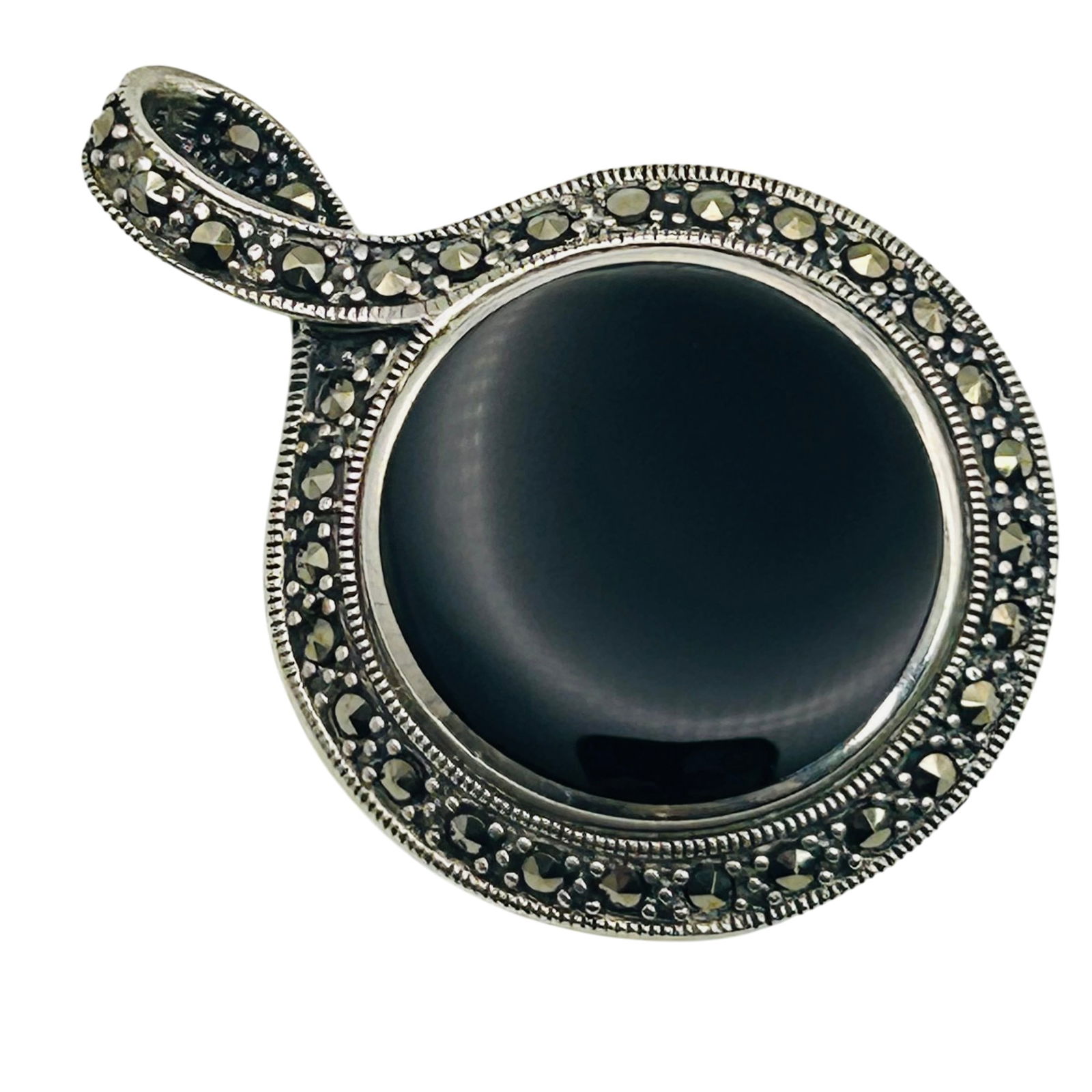Sterling Onyx And Marcasite Round Pendant: Sterling onyx and marcasite round pendant. 22.20g