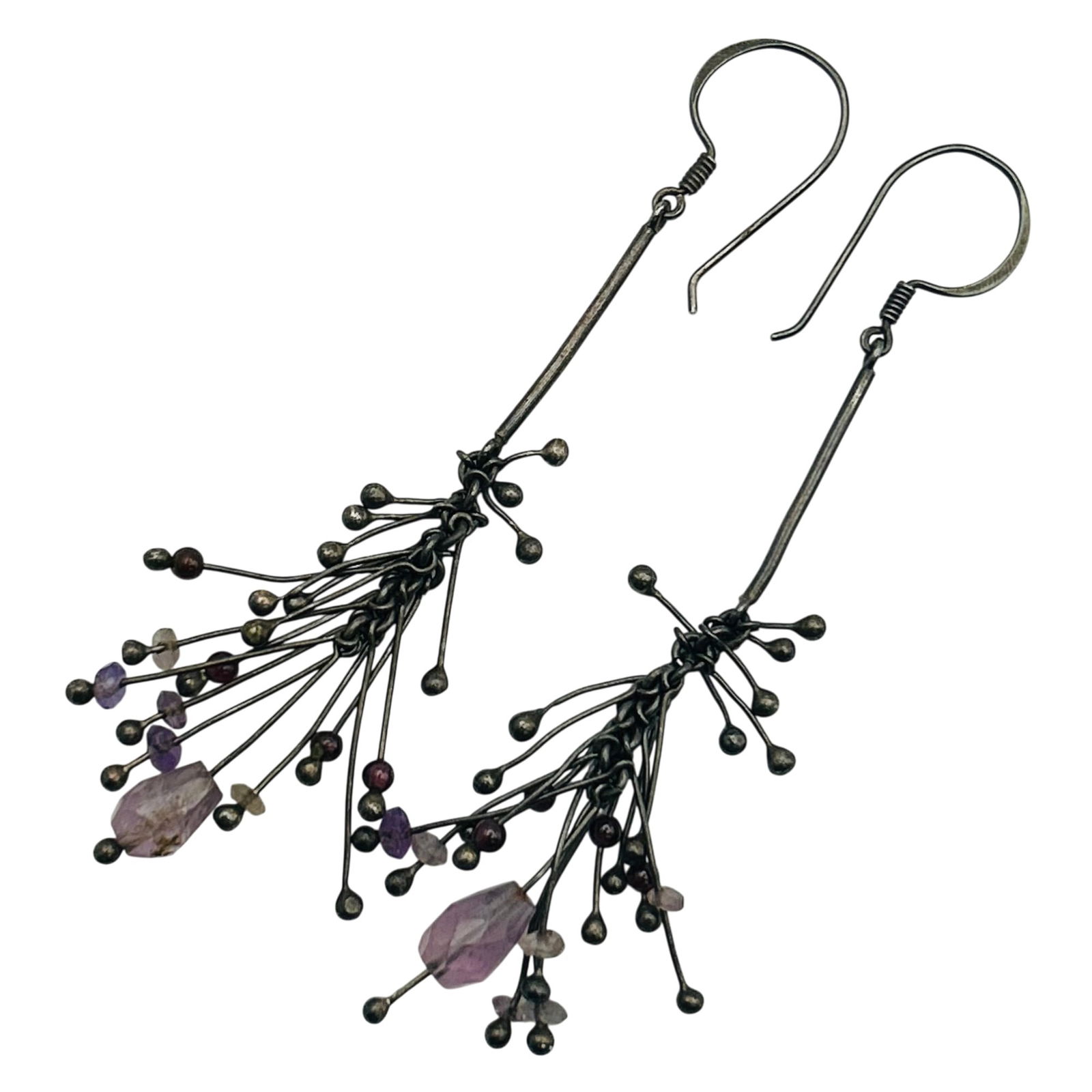 Sterling Amethyst Hook Back Dangle Earrings: Sterling amethyst hook back dangle earrings. 6.60g