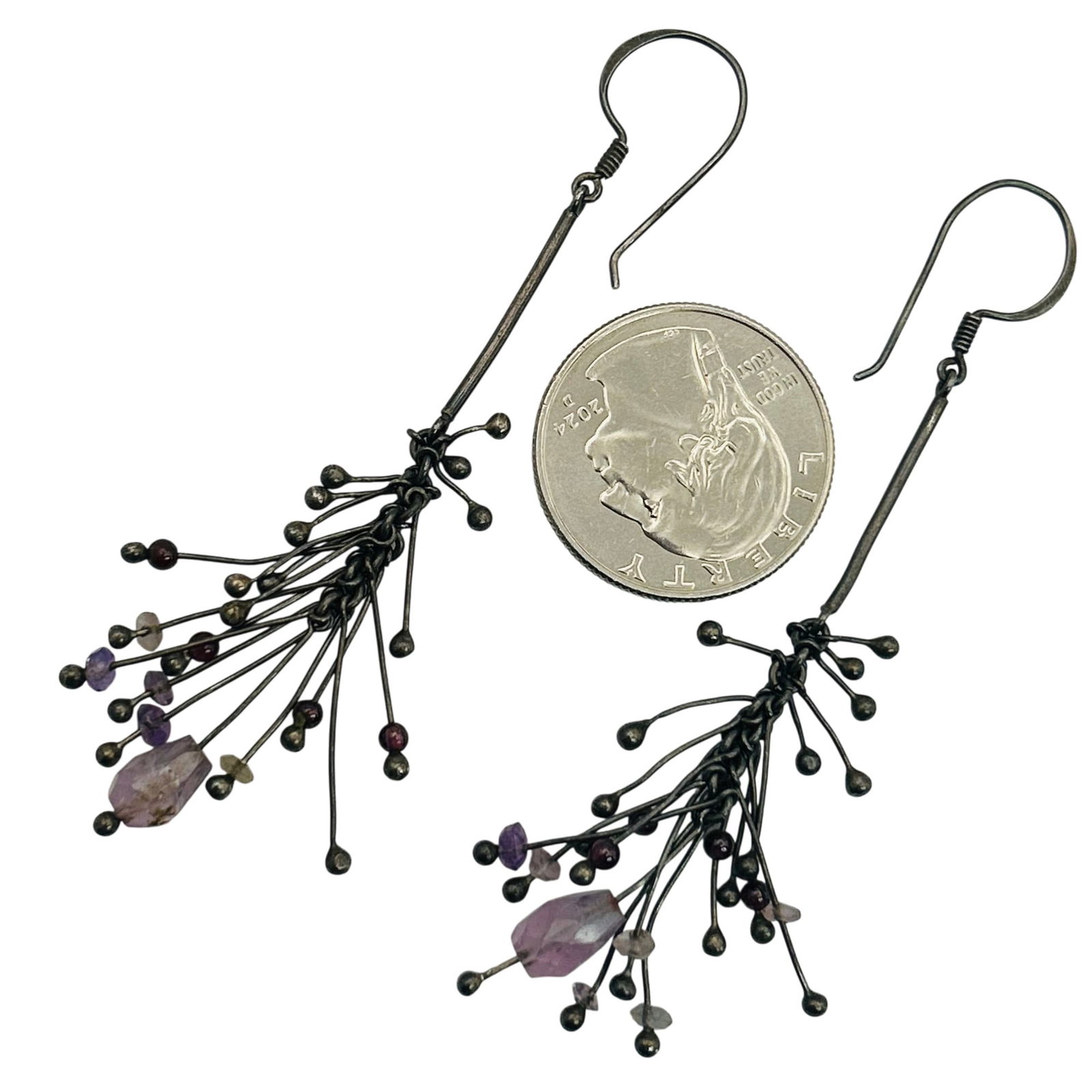 Sterling Amethyst Hook Back Dangle Earrings - 3
