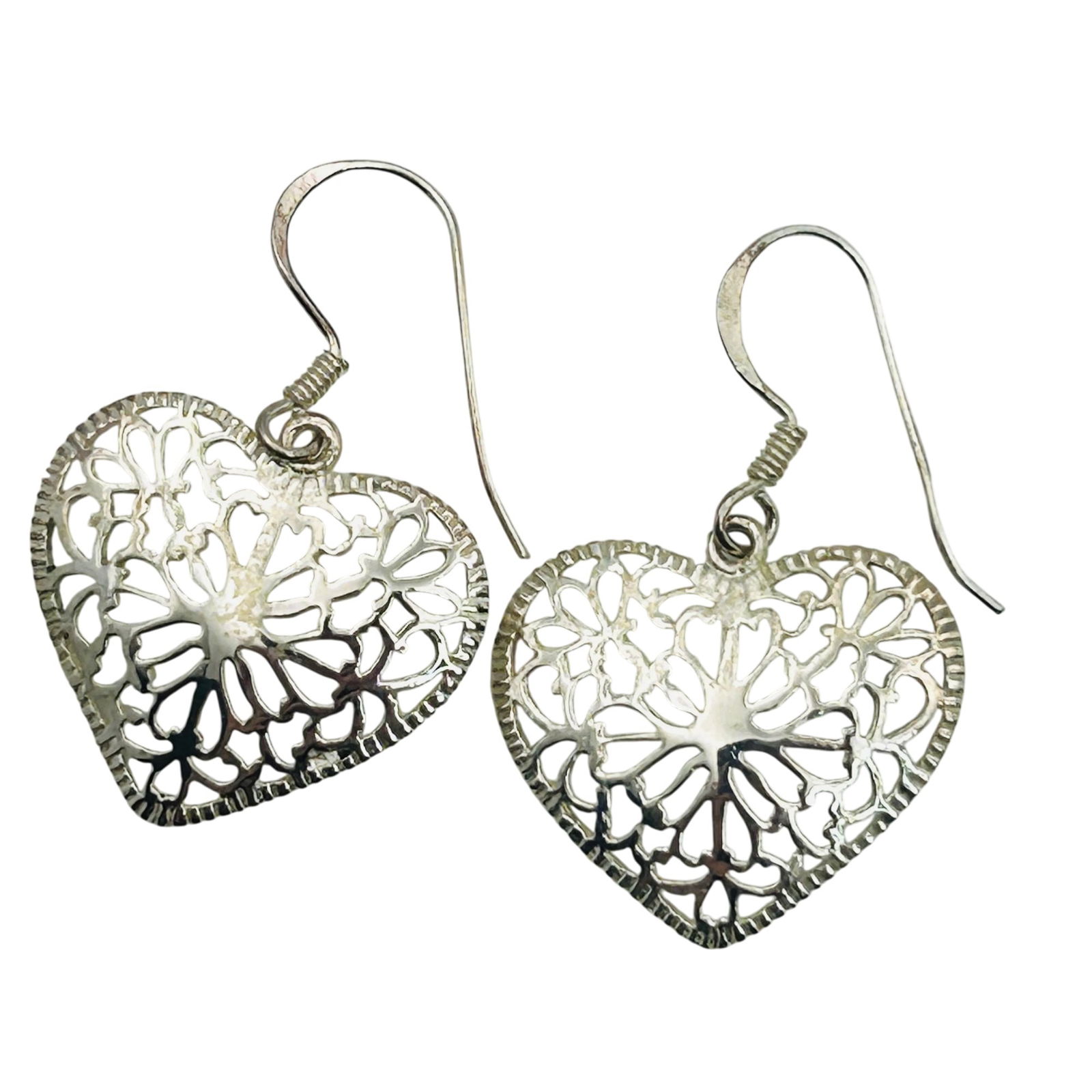 CW Sterling Heart Filigree Hook Back Earrings: CW Sterling heart filigree hook back earrings. 2.80g