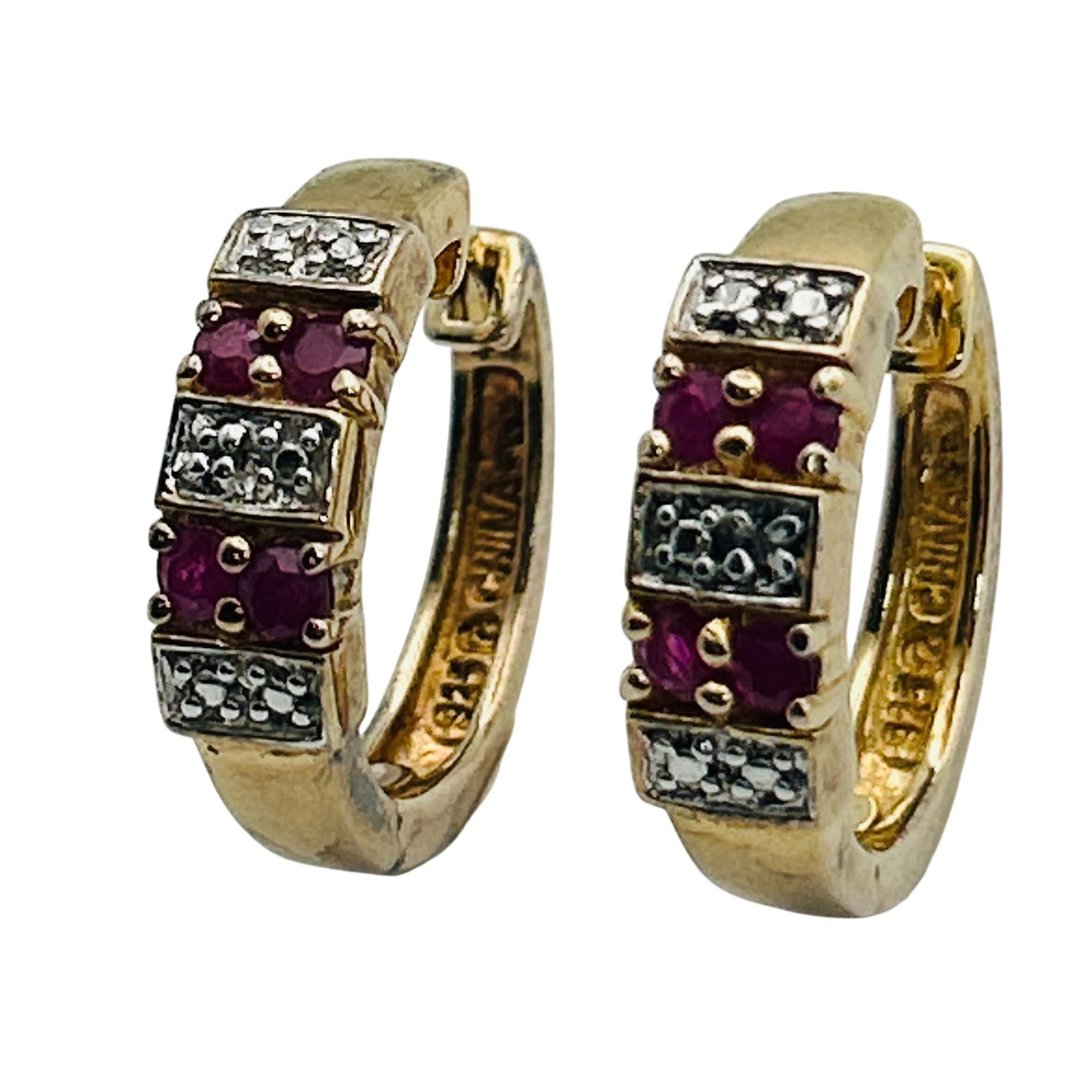 Sterling Ruby Diamond Accent Latch Back Hoop Earrings: Sterling ruby diamond accent latch back hoop earrings. 4.40g