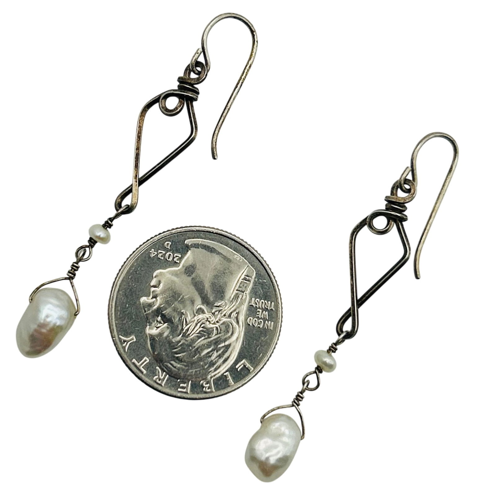 Sterling Pearl Dangle Hook Back Earrings - 3