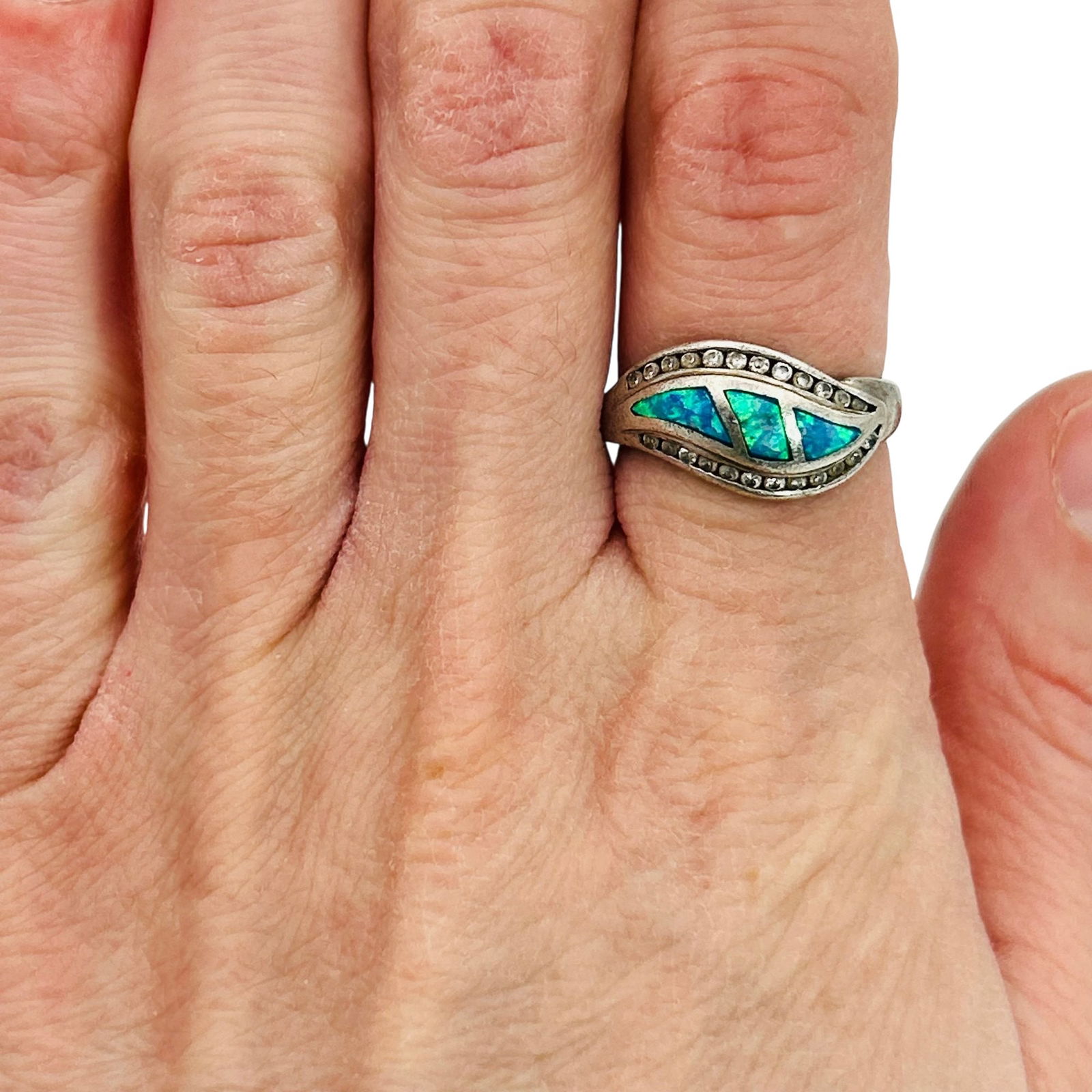 Sterling Blue Opal Ring. Size 7 - 8