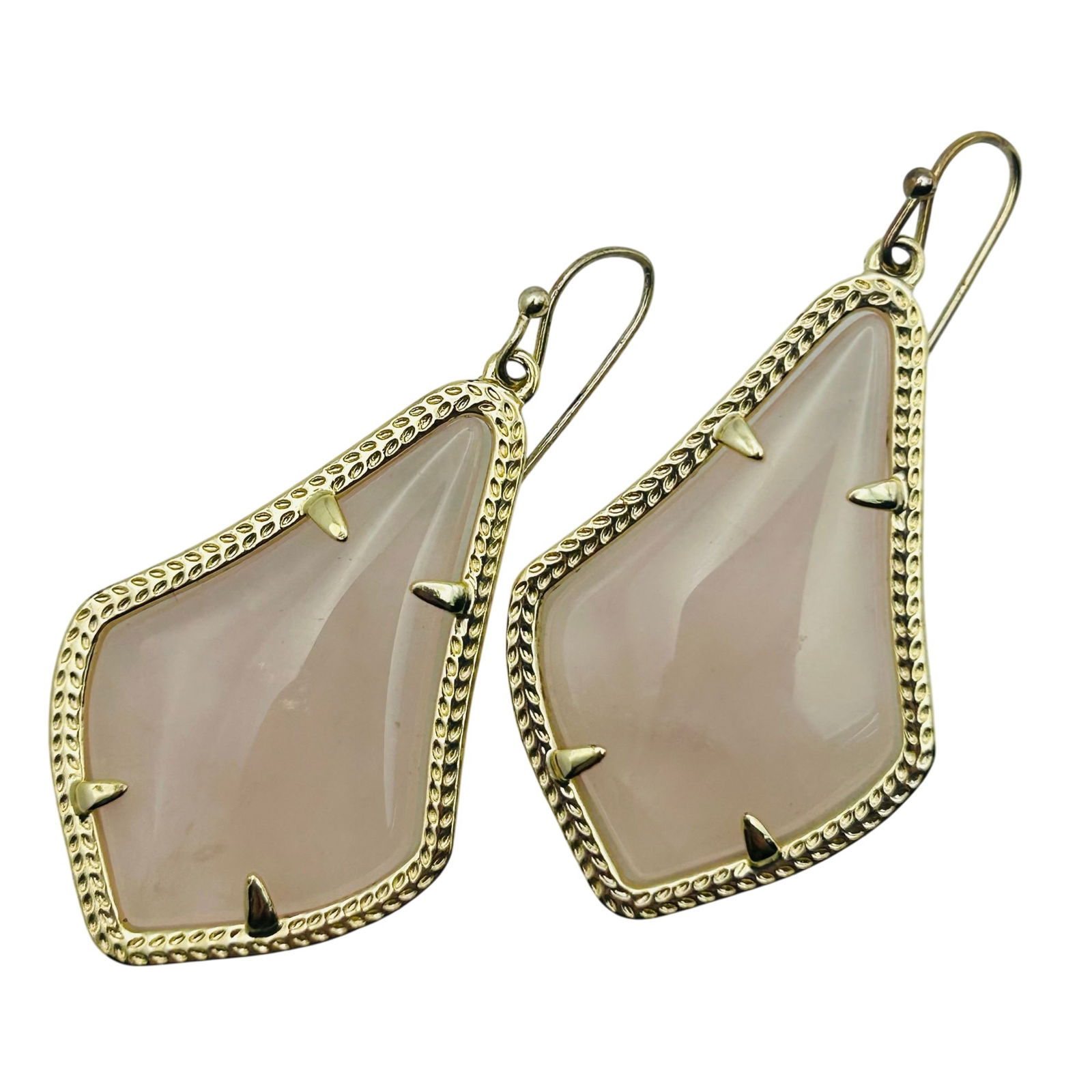 Kendra Scott Gold Tone Rose Quartz Hook Back Earrings: Kendra Scott gold tone rose quartz hook back earrings. 10.50g