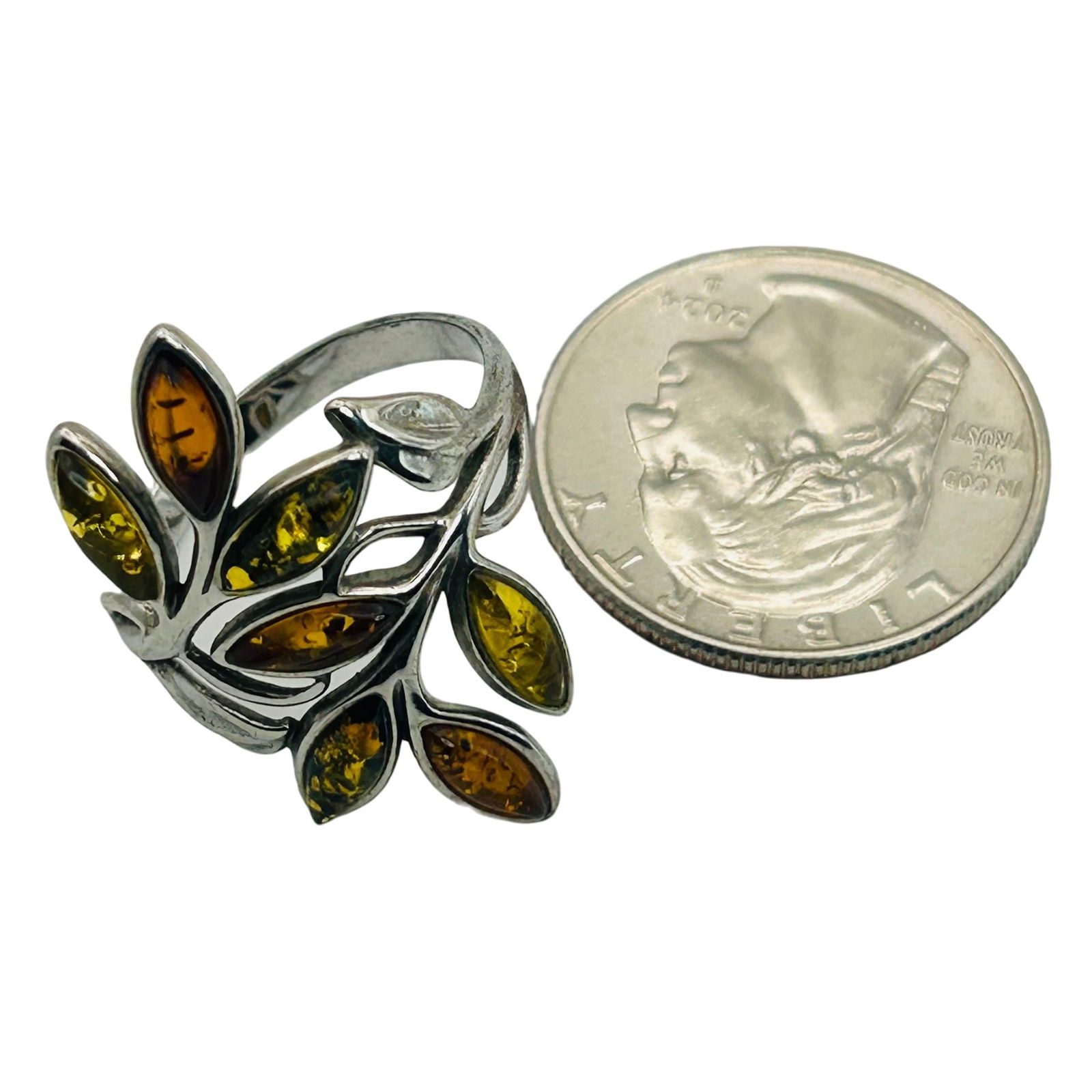 Sterling Amber Leaf Ring. Size 9 - 3