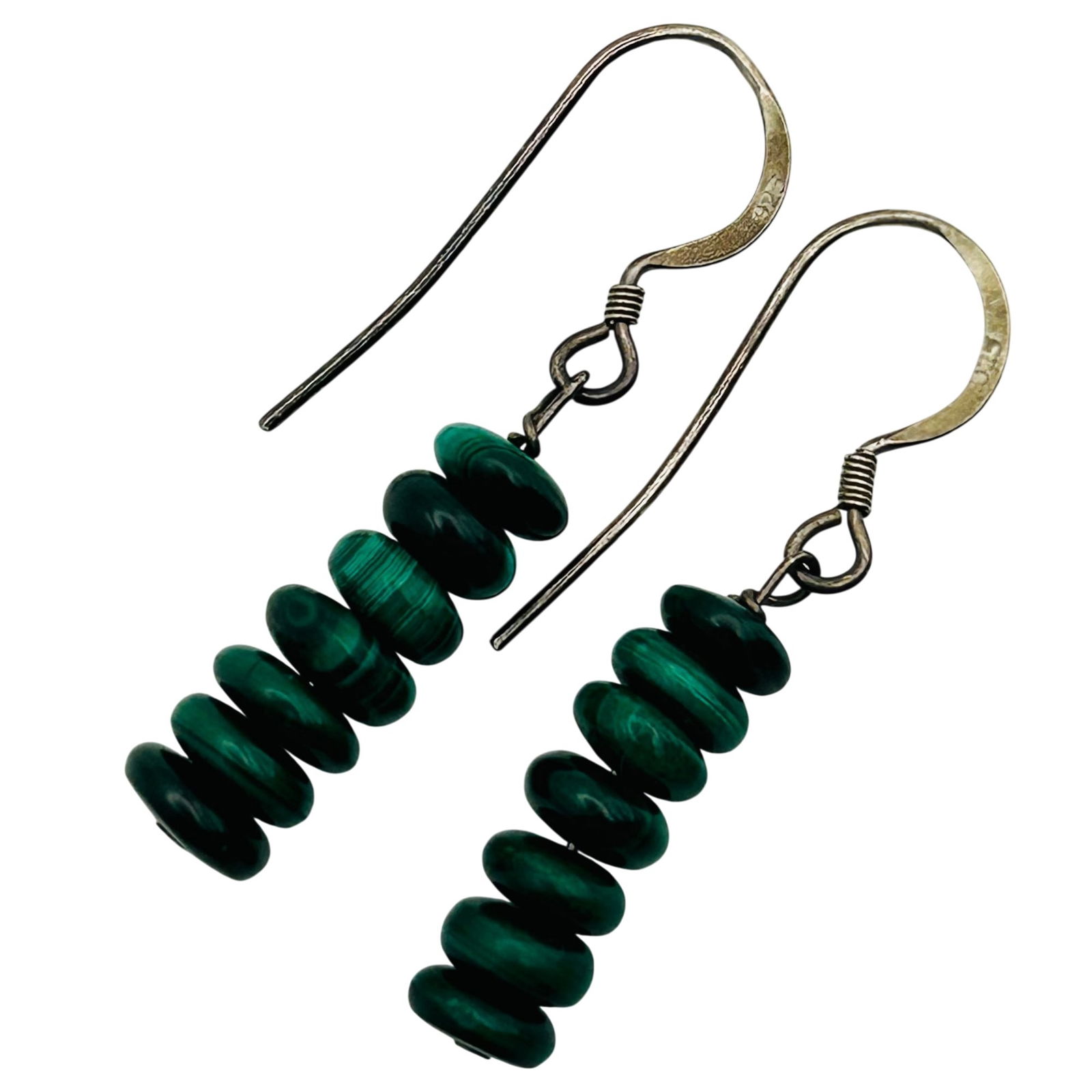Sterling Malachite Hook Back Earrings: Sterling malachite hook back earrings. 4.40g