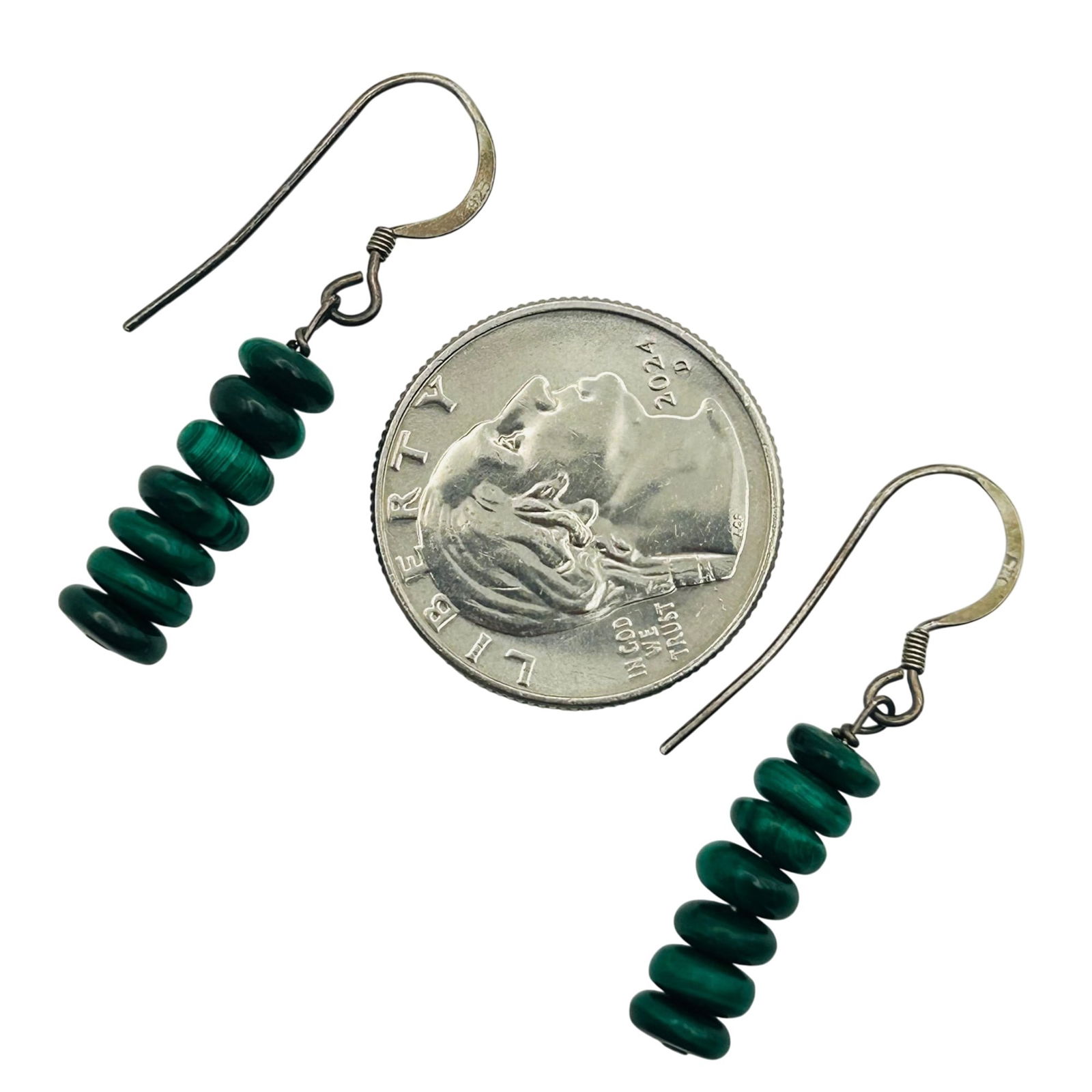 Sterling Malachite Hook Back Earrings - 3