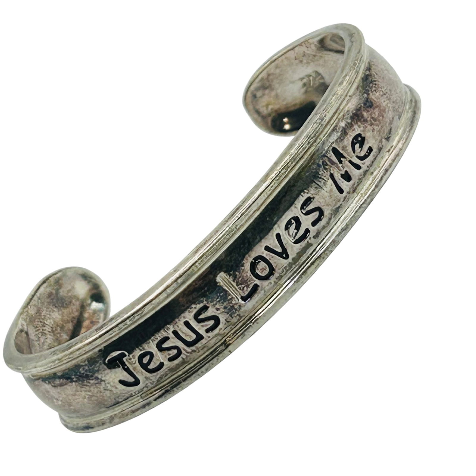 Sterling Small Jesus Loves Me Cuff Bracelet: Sterling small “Jesus loves me” cuff bracelet. 12.20g