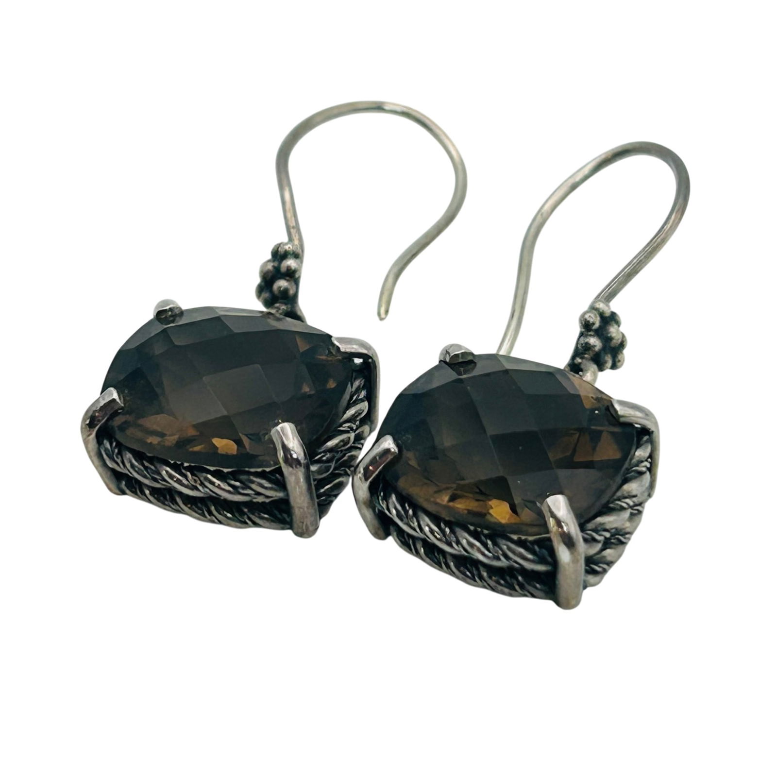 Sterling Smoky Quartz Hook Back Earrings: Sterling smoky quartz hook back earrings. 4.90g