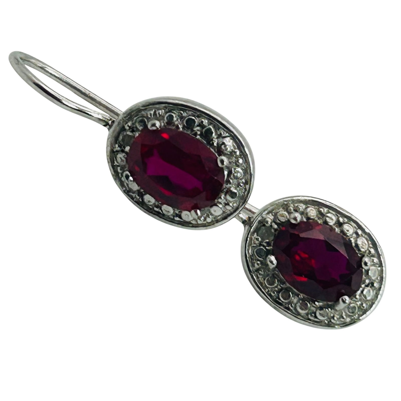 Sterling Ruby Diamond Halo Hook Back Earrings: Sterling ruby diamond halo hook back earrings. 2.20g