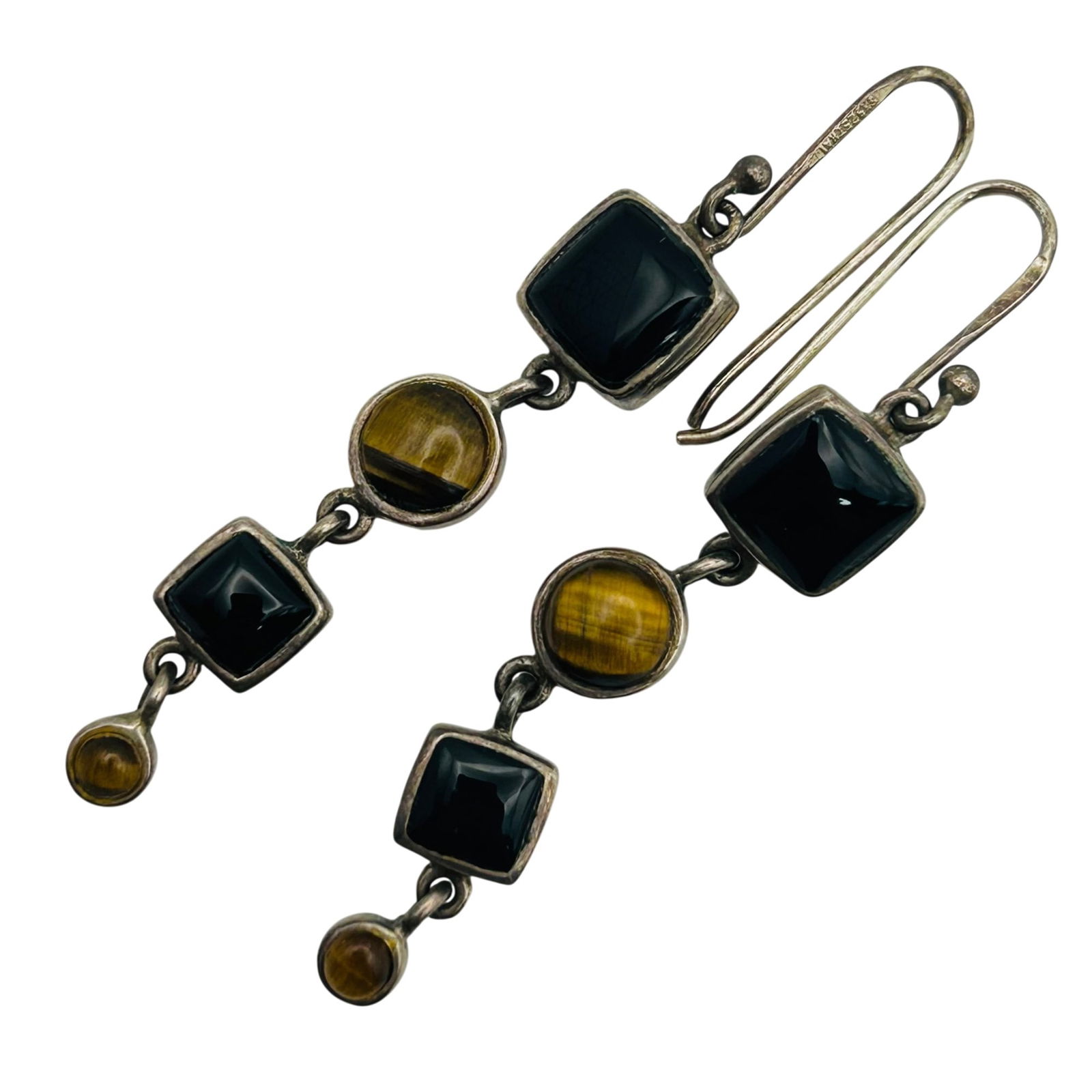 Sterling Onyx Tiger Eye Dangle Hook Back Earrings (1 of 7)