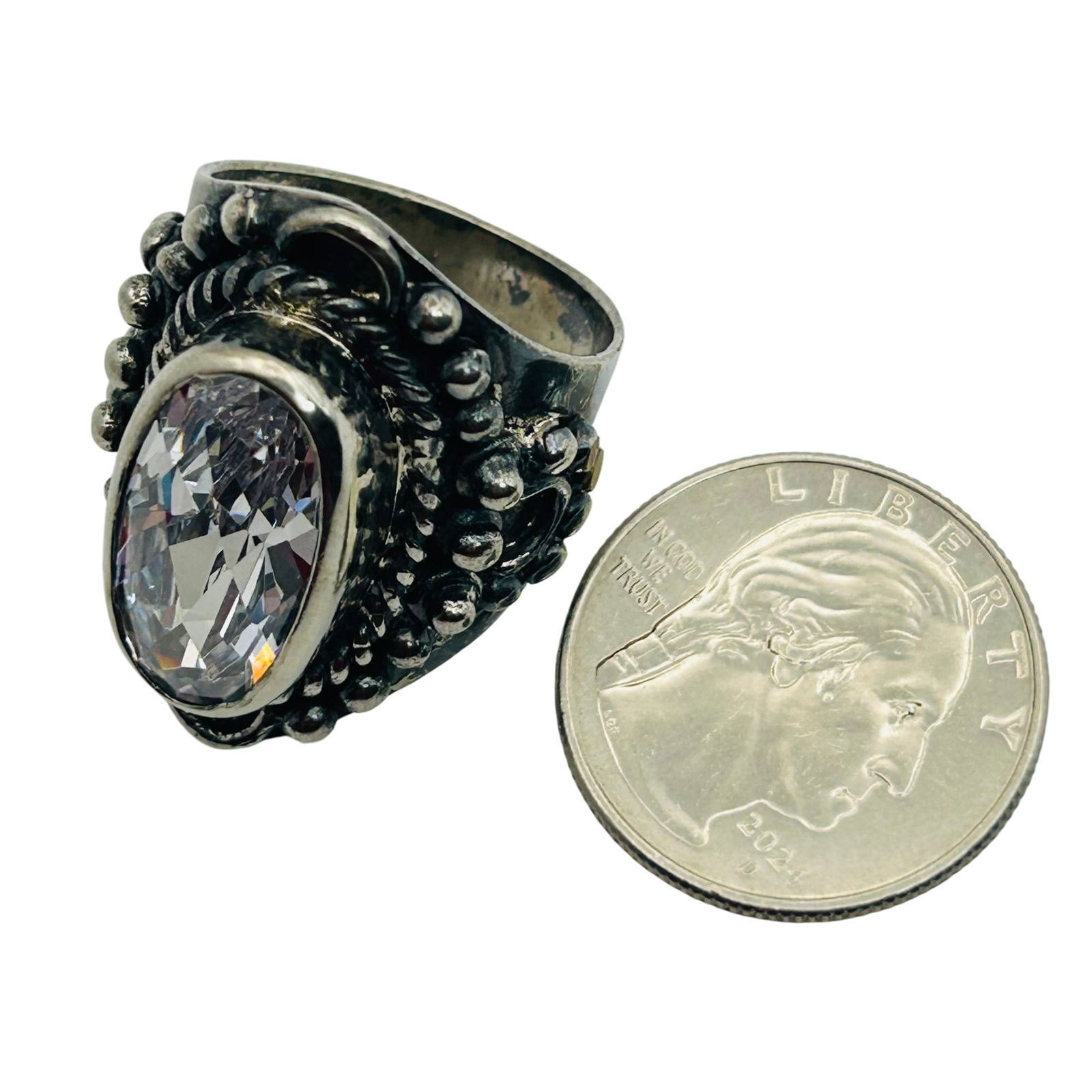 Sterling Rhinestone Statement Ring. Size 10 - 3