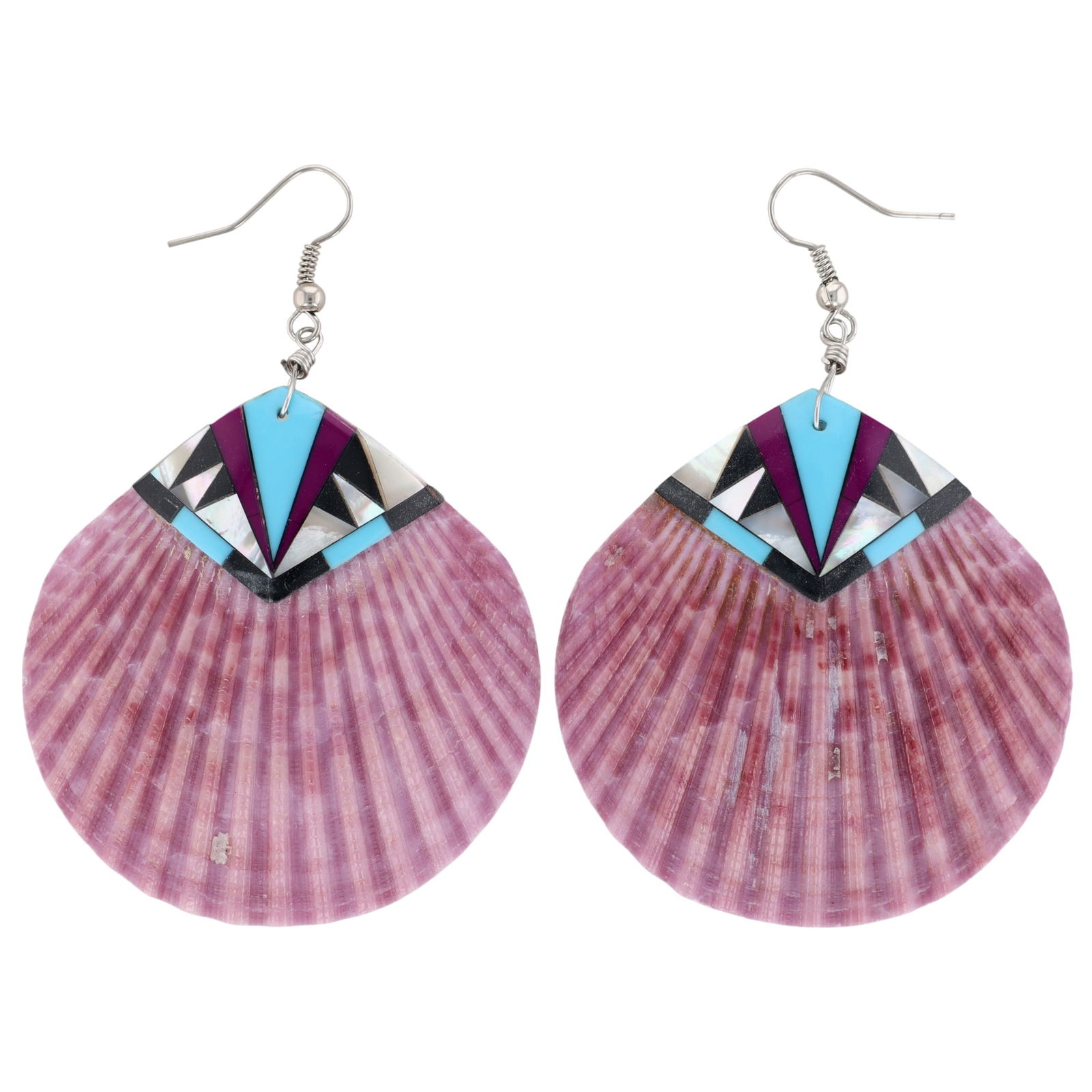 Zuni Sterling Multi-Stone Inlay On Shell Hook Earrings: Zuni Sterling Multi-Stone Inlay On Shell Hook Earrings 13g-Jet, Mother-of-Pearl, Turquoise, Sugilite