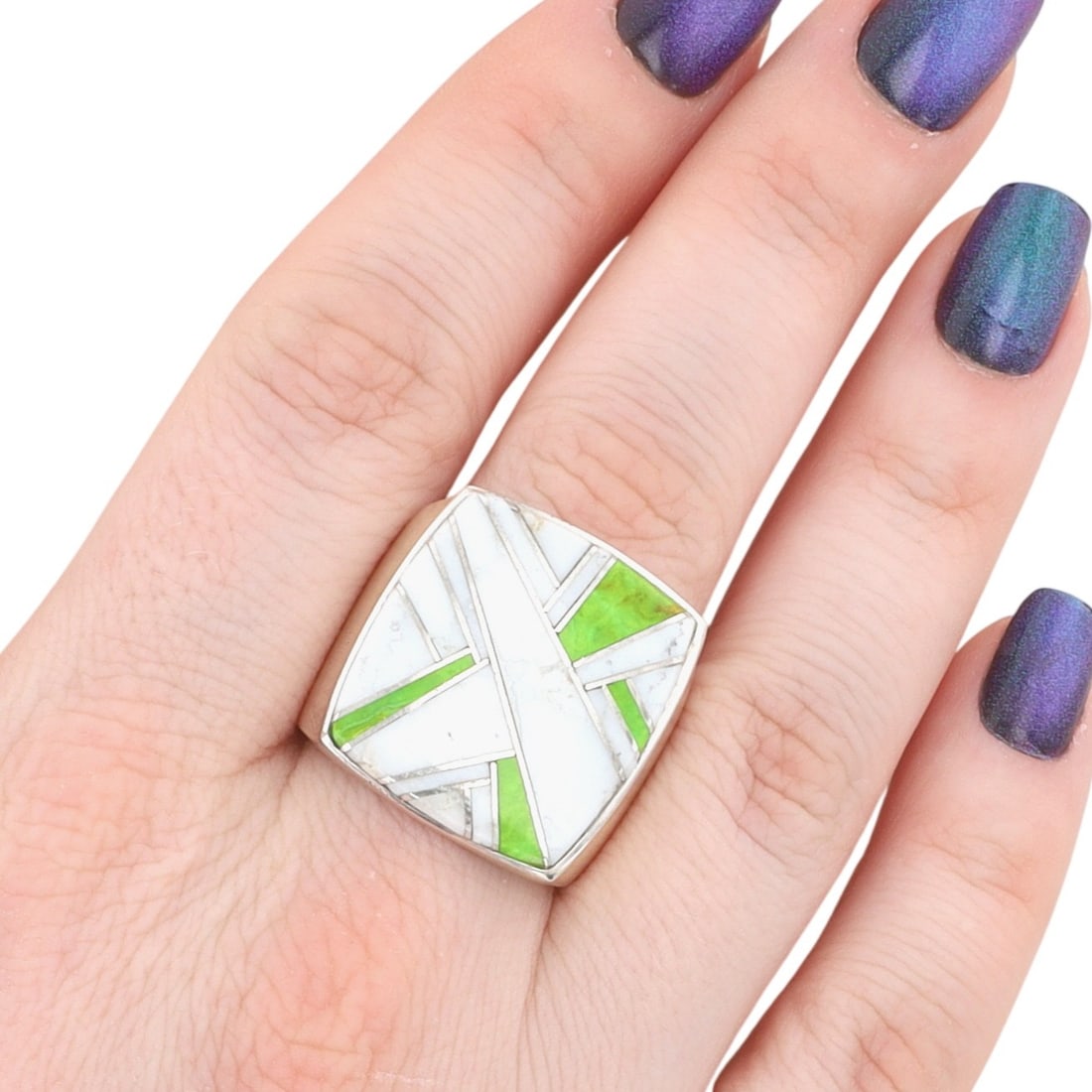 Adlina Lee Navajo Sterling Multi-Stone Inlay Ring Sz 10: Adlina Lee Navajo Sterling Multi-Stone Inlay Ring Sz 10, 24g-Gaspeite, Marble