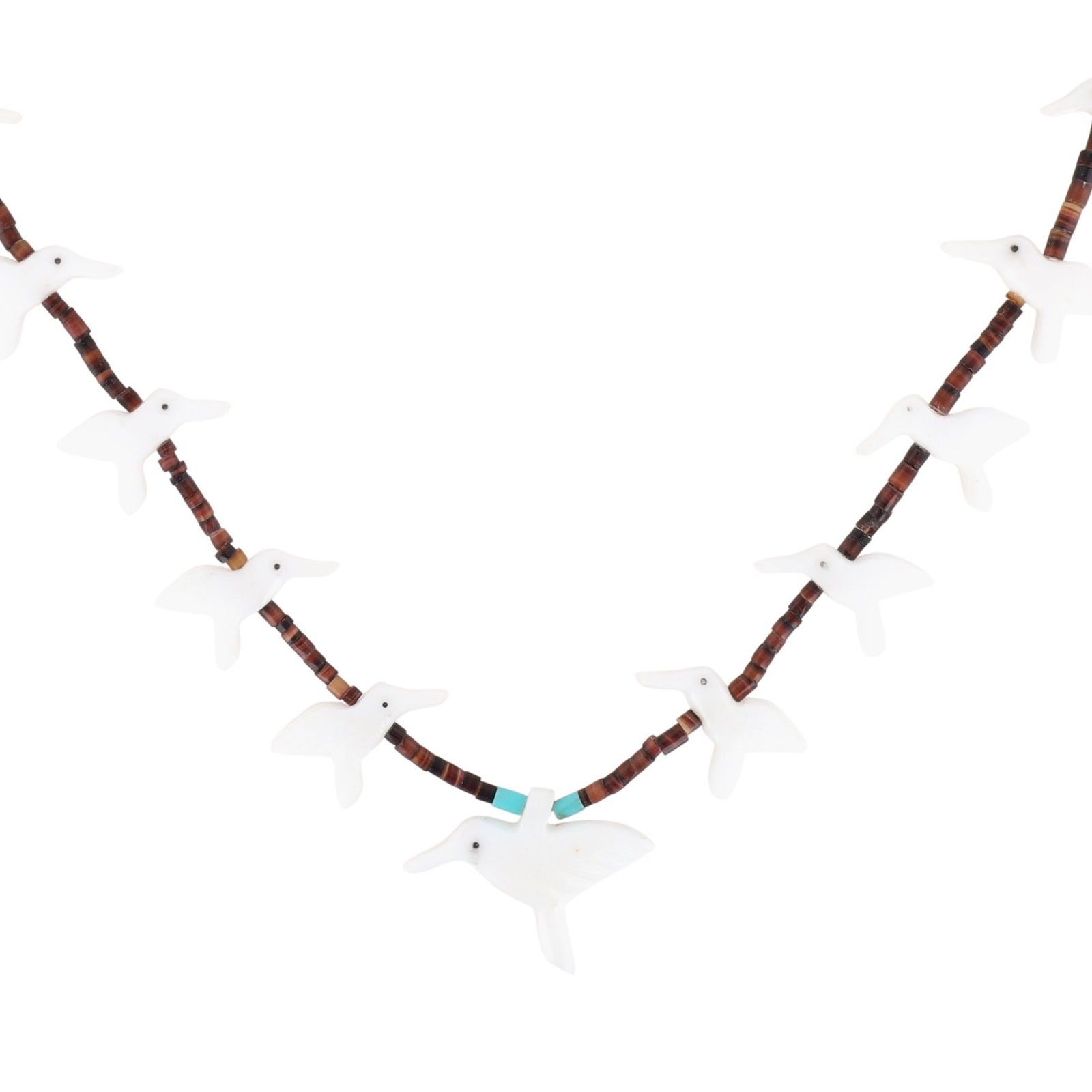Zuni Sterling Multi-Stone Carved Bird Fetish Heishi Necklace: Zuni Sterling Multi-Stone Carved Bird Fetish Heishi Necklace 40g-Marble, Turquoise, Shell