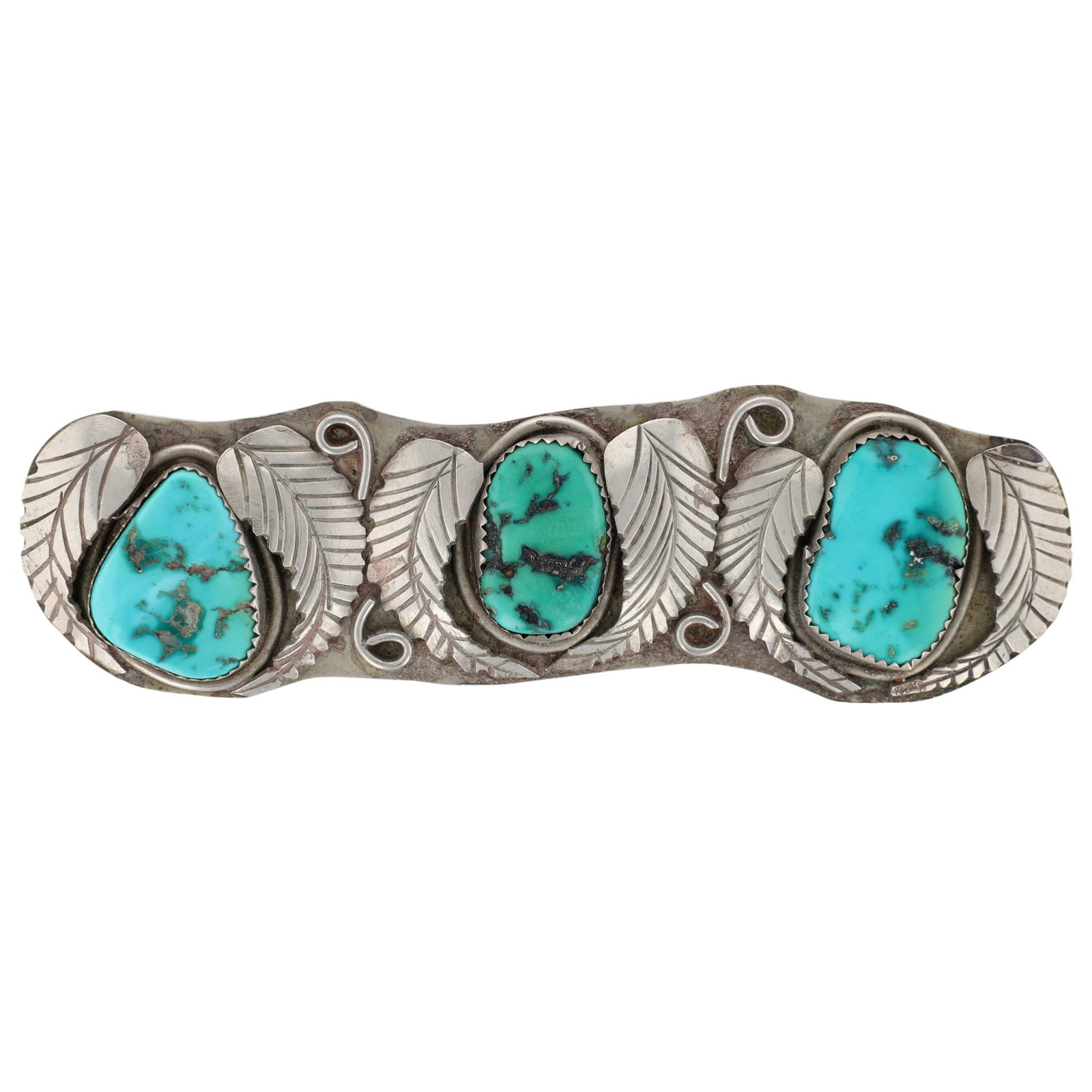 Vintage Navajo Nickel Silver Turquoise Leaf Brooch: Vintage Navajo Nickel Silver Turquoise Leaf Brooch 34g