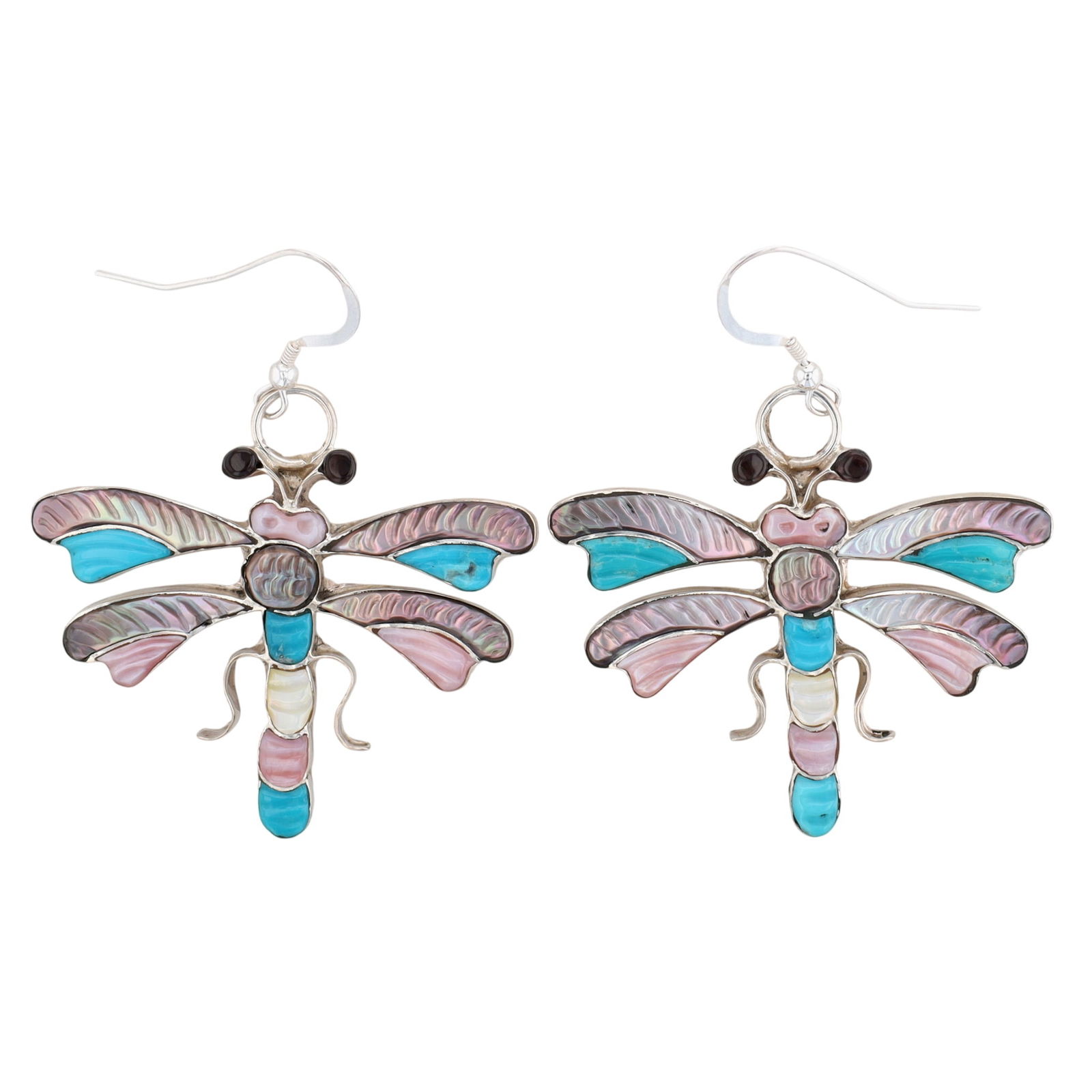 Tamara Pinto Zuni Sterling Multi-Stone Dragonfly Inlay Hook Earrings: Tamara Pinto Zuni Sterling Multi-Stone Dragonfly Inlay Hook Earrings 12g-Abalone, Mother-of-Pearl, Turquoise, Onyx