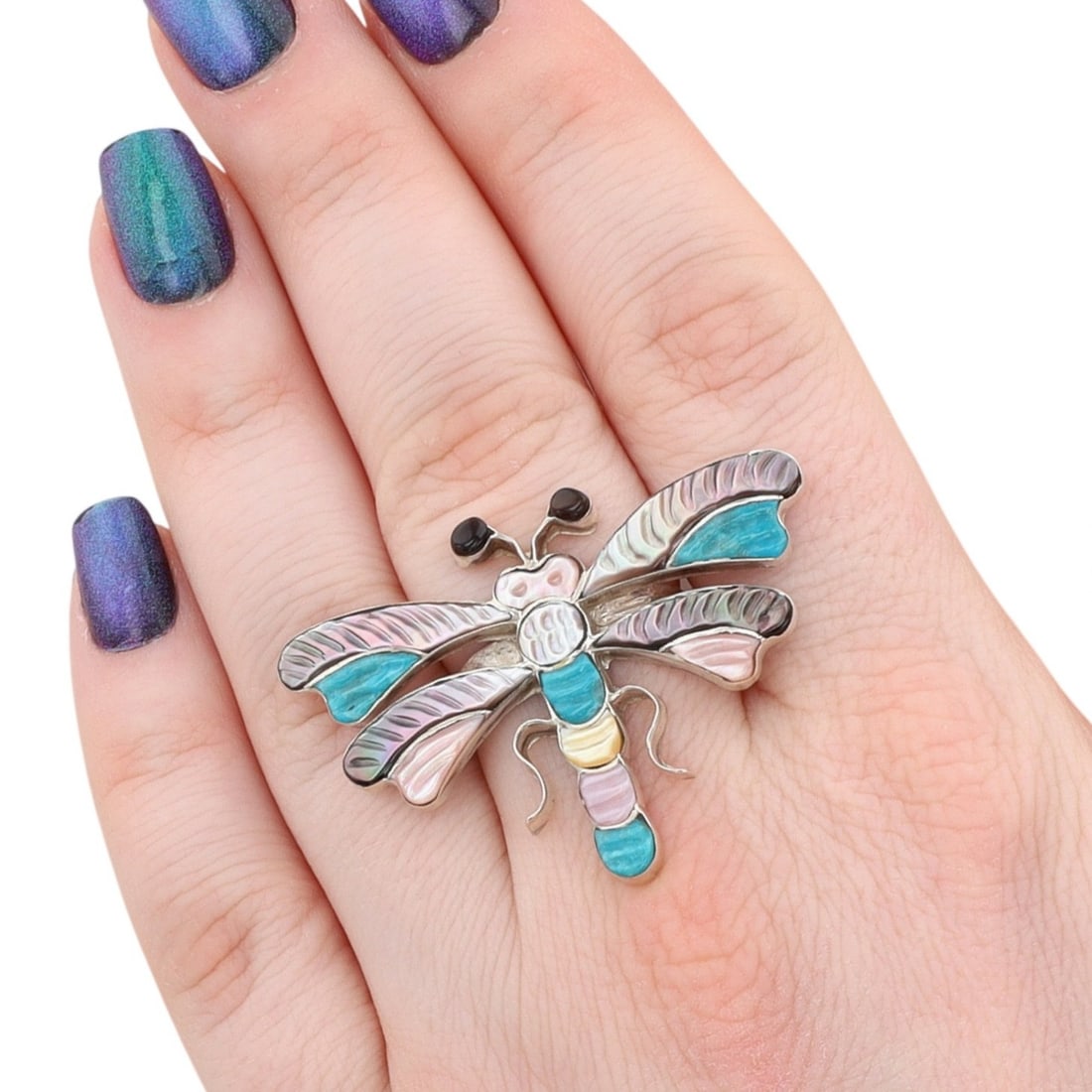 Tamara Pinto Zuni Sterling Multi-Stone Dragonfly Inlay Ring Sz 7.5: Tamara Pinto Zuni Sterling Multi-Stone Dragonfly Inlay Ring Sz 7.5, 6.5g-Abalone, Mother-of-Pearl, Turquoise, Onyx