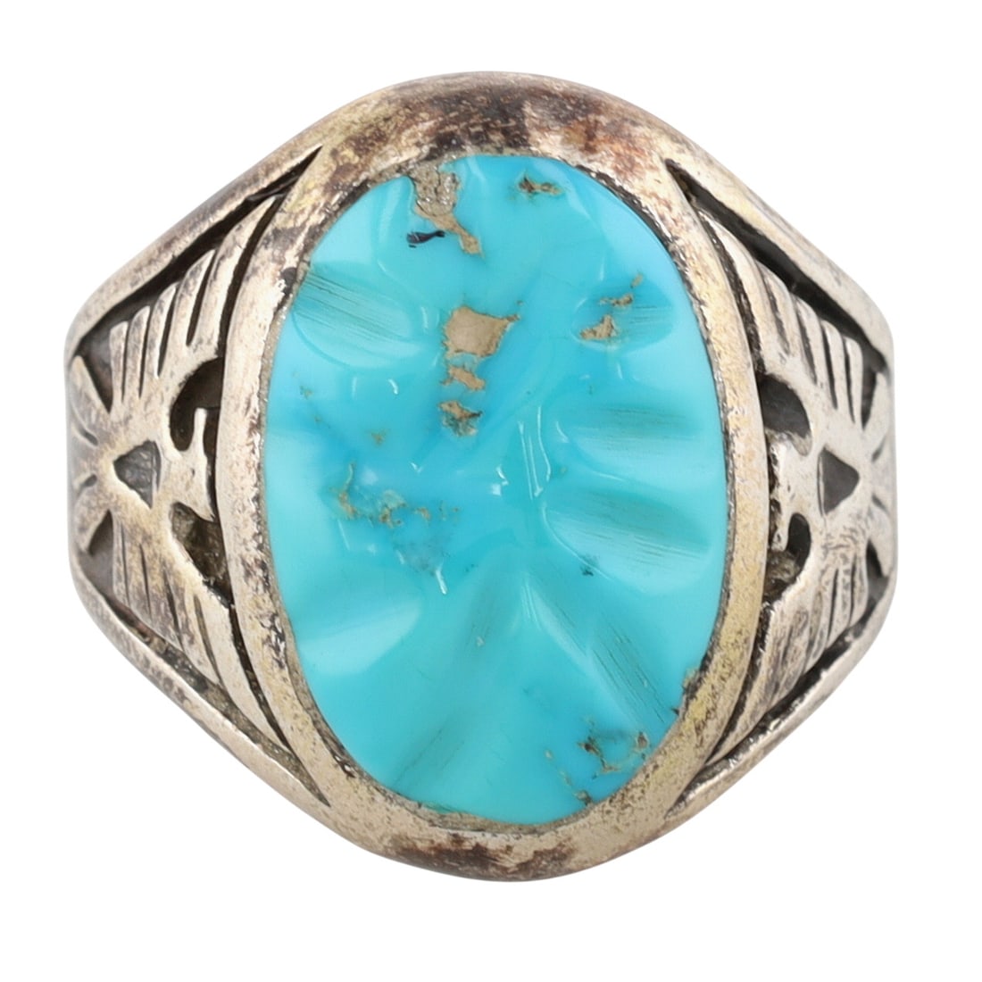 Vintage Navajo Sterling Carved Turquoise Ring Sz 10 (1 of 6)