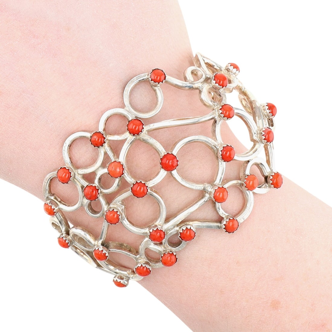 Navajo Sterling Snake Eye Coral Cuff Bracelet: Navajo Sterling Snake Eye Coral Cuff Bracelet 49.5g