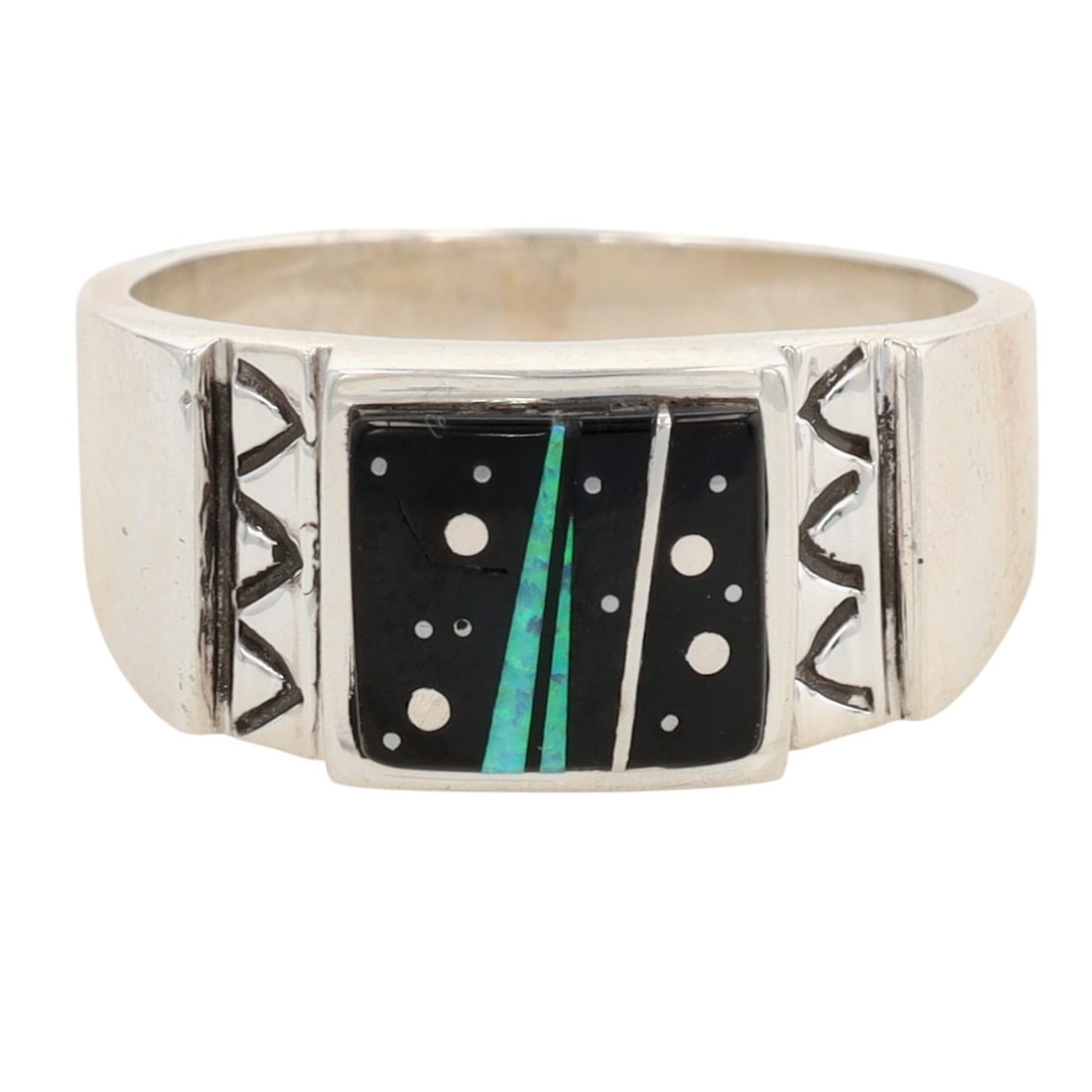 Calvin Begay Navajo Sterling Multi-Stone Inlay Ring Sz 11.5: Calvin Begay Navajo Sterling Multi-Stone Inlay Ring Sz 11.5, 11g-Opal, Onyx