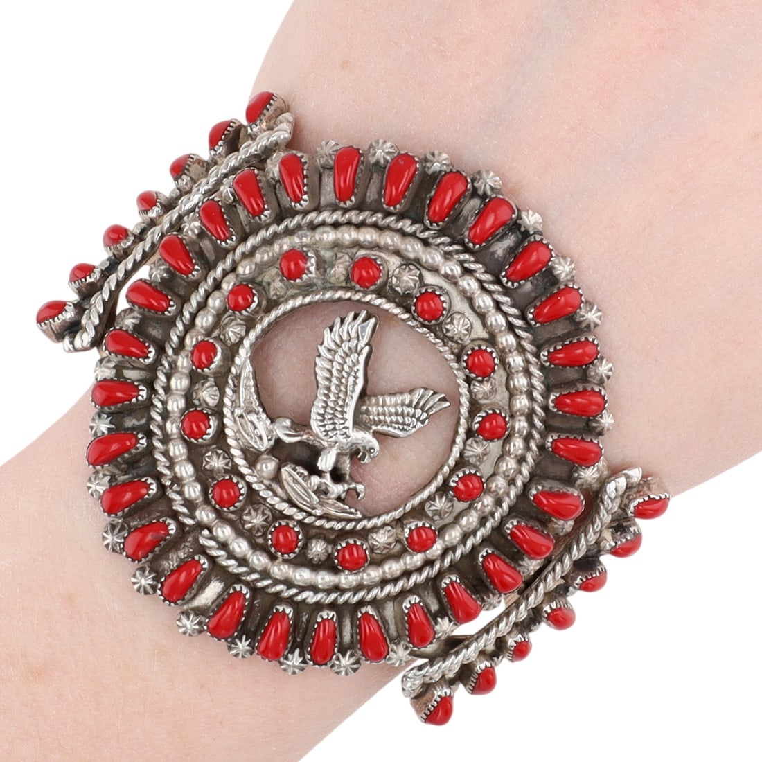 Vintage Navajo Sterling Mediterranean Coral Eagle Cuff Bracelet: Vintage Navajo Sterling Mediterranean Coral Eagle Cuff Bracelet