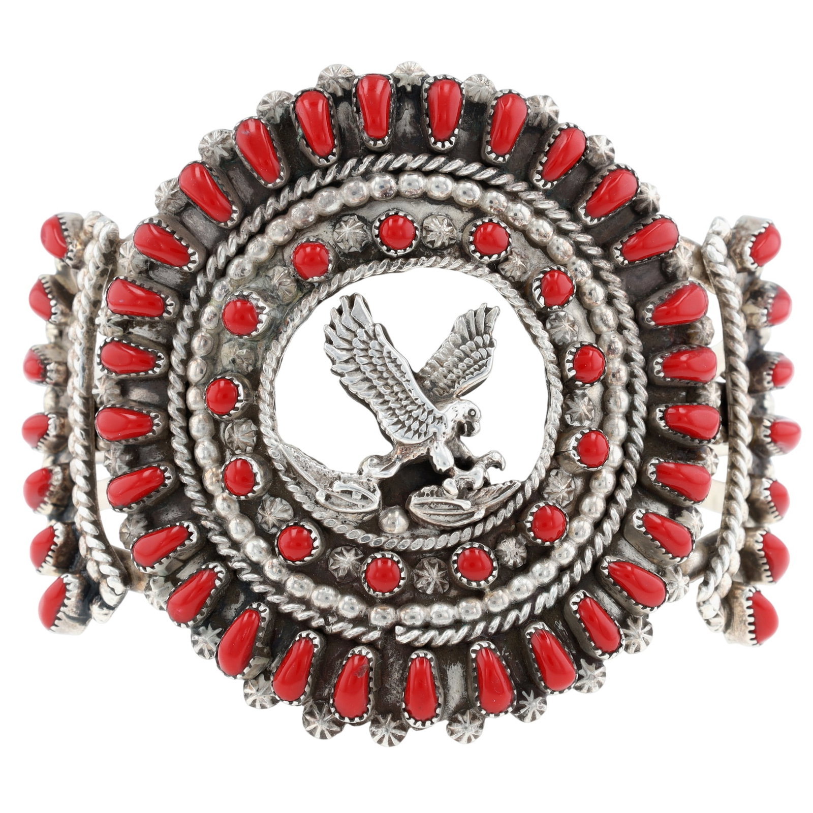 Vintage Navajo Sterling Mediterranean Coral Eagle Cuff Bracelet - 3