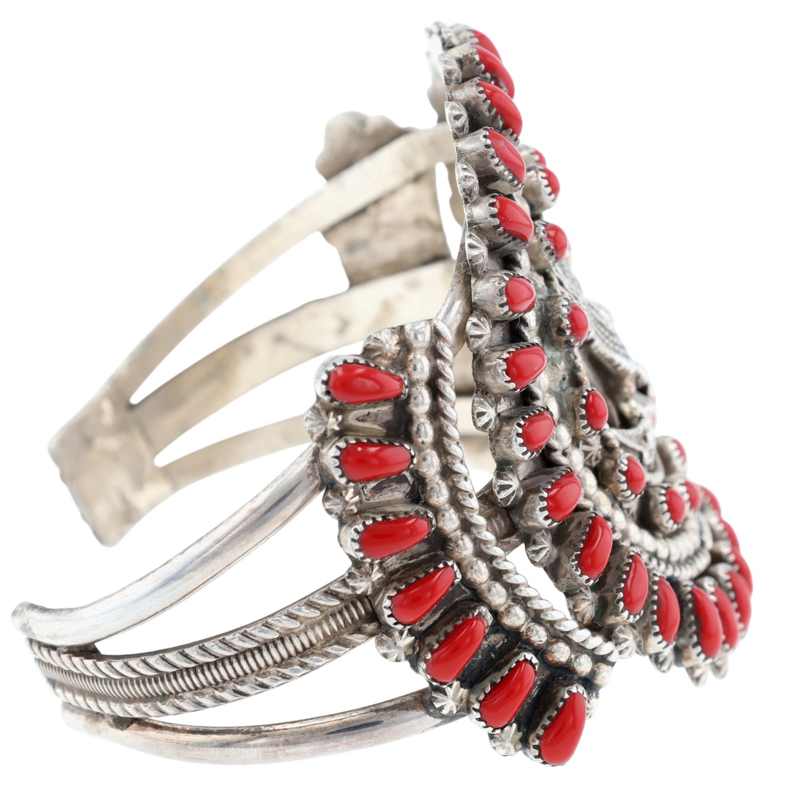 Vintage Navajo Sterling Mediterranean Coral Eagle Cuff Bracelet - 5