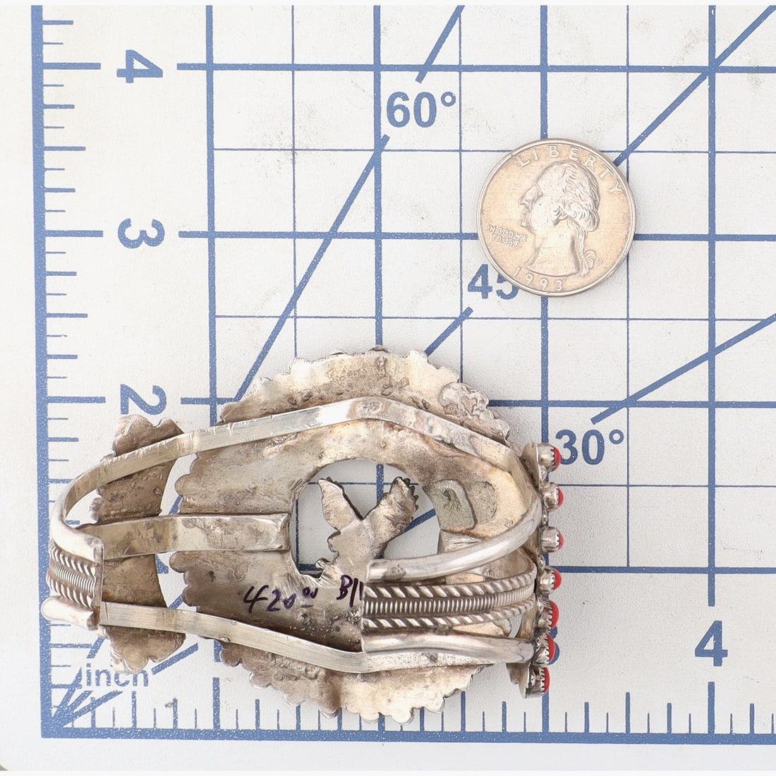 Vintage Navajo Sterling Mediterranean Coral Eagle Cuff Bracelet - 7