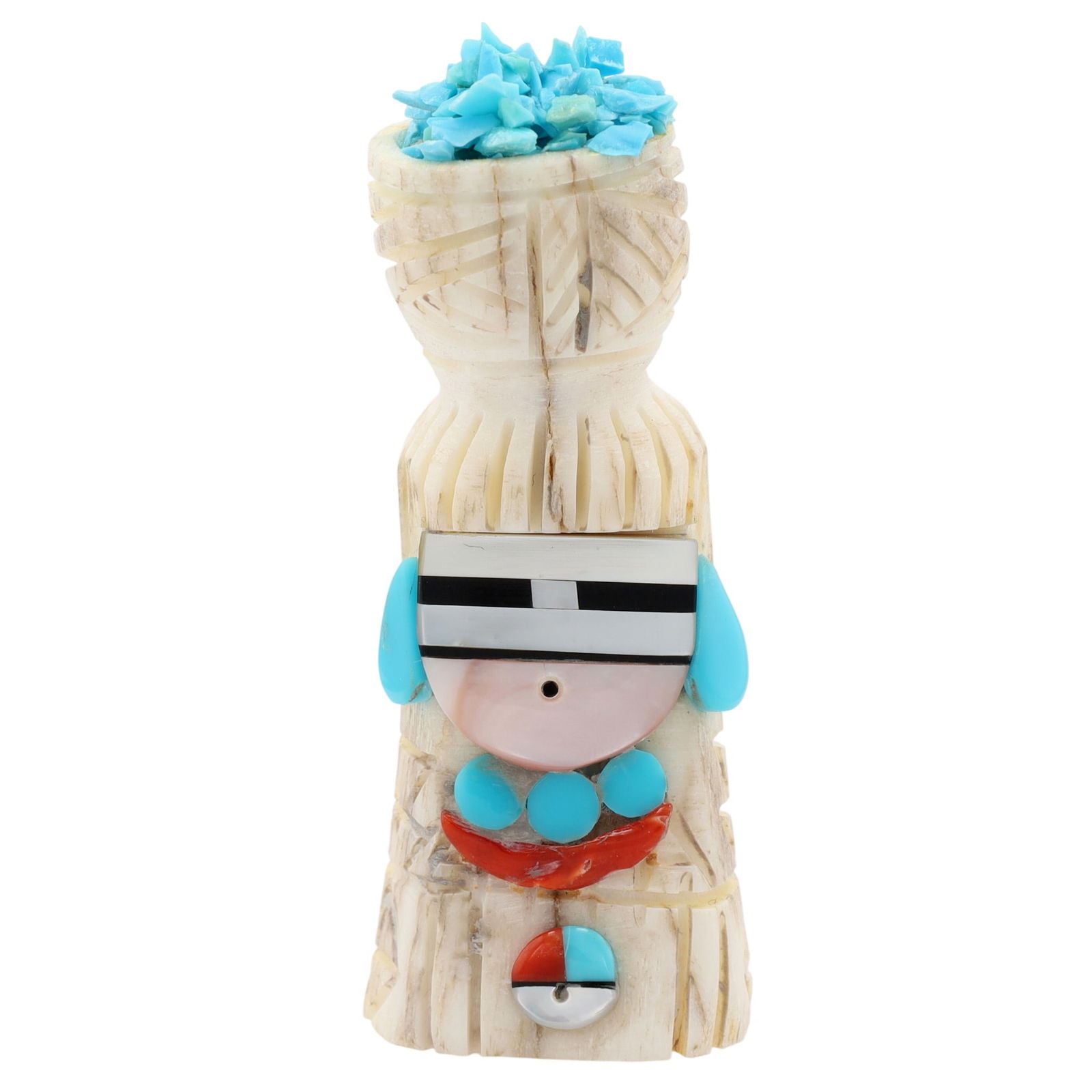 Amory Selection Zuni Hand Carved Antler Water Maiden Inlay Fetish: Amory Selection Zuni Hand Carved Antler Water Maiden Inlay Fetish 20.5g-Coral, Turquoise, Onyx, Mother-of-Pearl