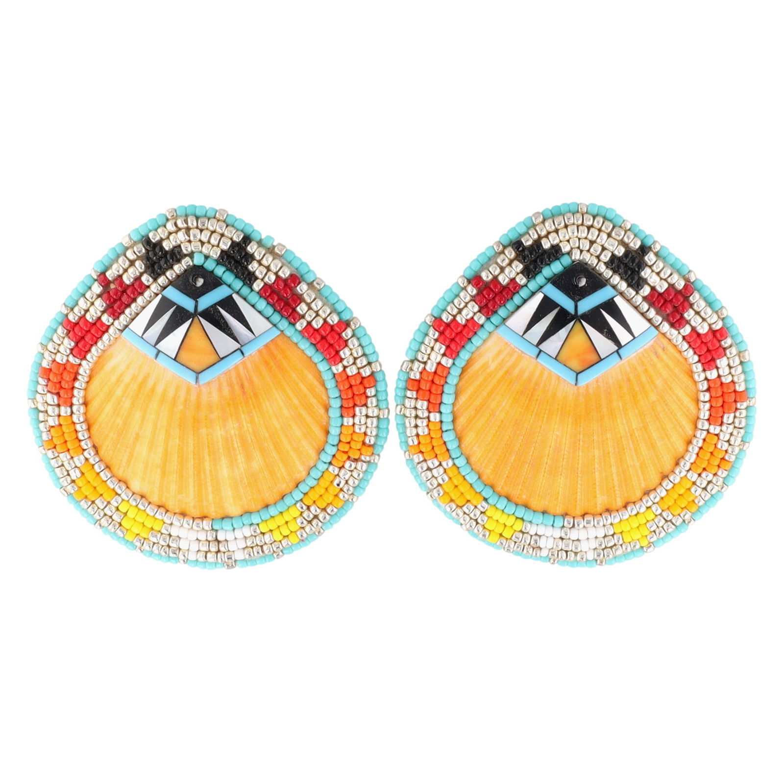 Zuni Sterling Multi-Stone Microbead Inlay On Shell Clip Stud Earrings (1 of 3)