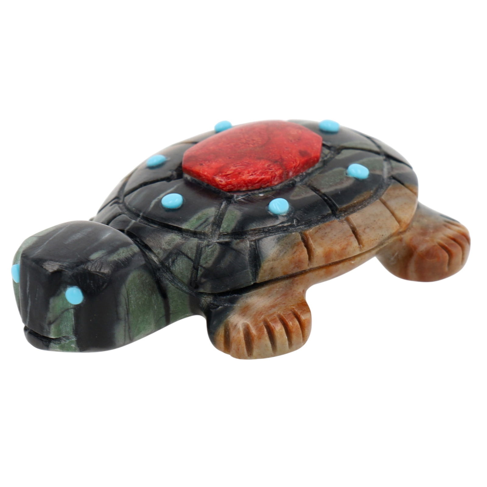 Reynold Lunasee Zuni Hand Carved Multi-Stone Turtle Fetish: Reynold Lunasee Zuni Hand Carved Multi-Stone Turtle Fetish 31g-Picasso Jasper, Apple Coral, Turquoise