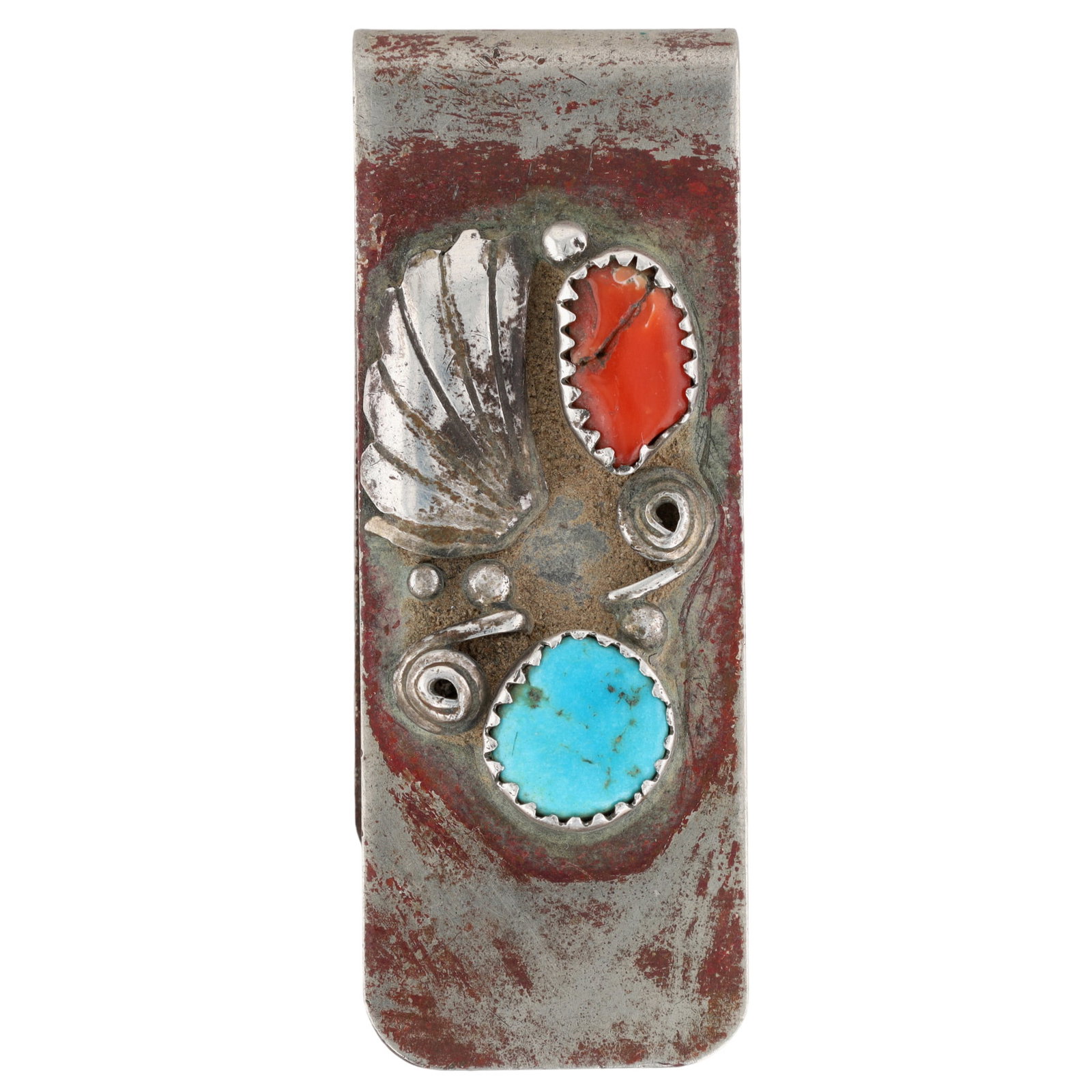 Vintage Navajo Sterling Multi-Stone Money Clip: Vintage Navajo Sterling Multi-Stone Money Clip 15g-Cracked Coral Stone, Turquoise