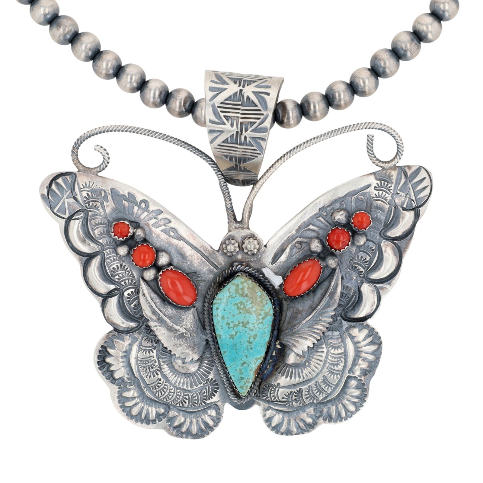 Richard Yazzie Navajo Sterling Multi-Stone Butterfly Necklace: Richard Yazzie Navajo Sterling Multi-Stone Butterfly Necklace 90g-Coral, Turquoise