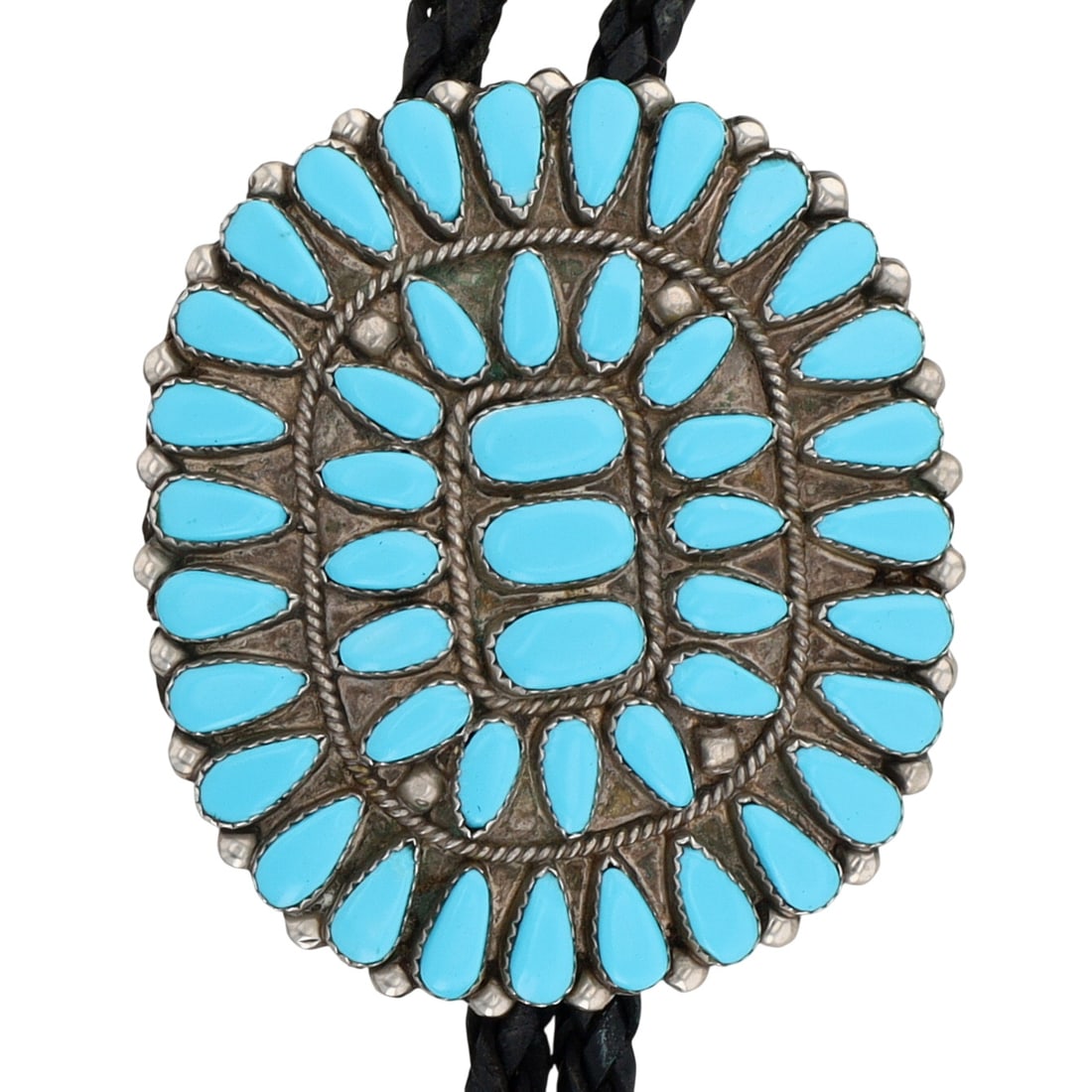 Vintage Navajo Sterling Turquoise Cluster Bolo Tie: Vintage Navajo Sterling Turquoise Cluster Bolo Tie 68g