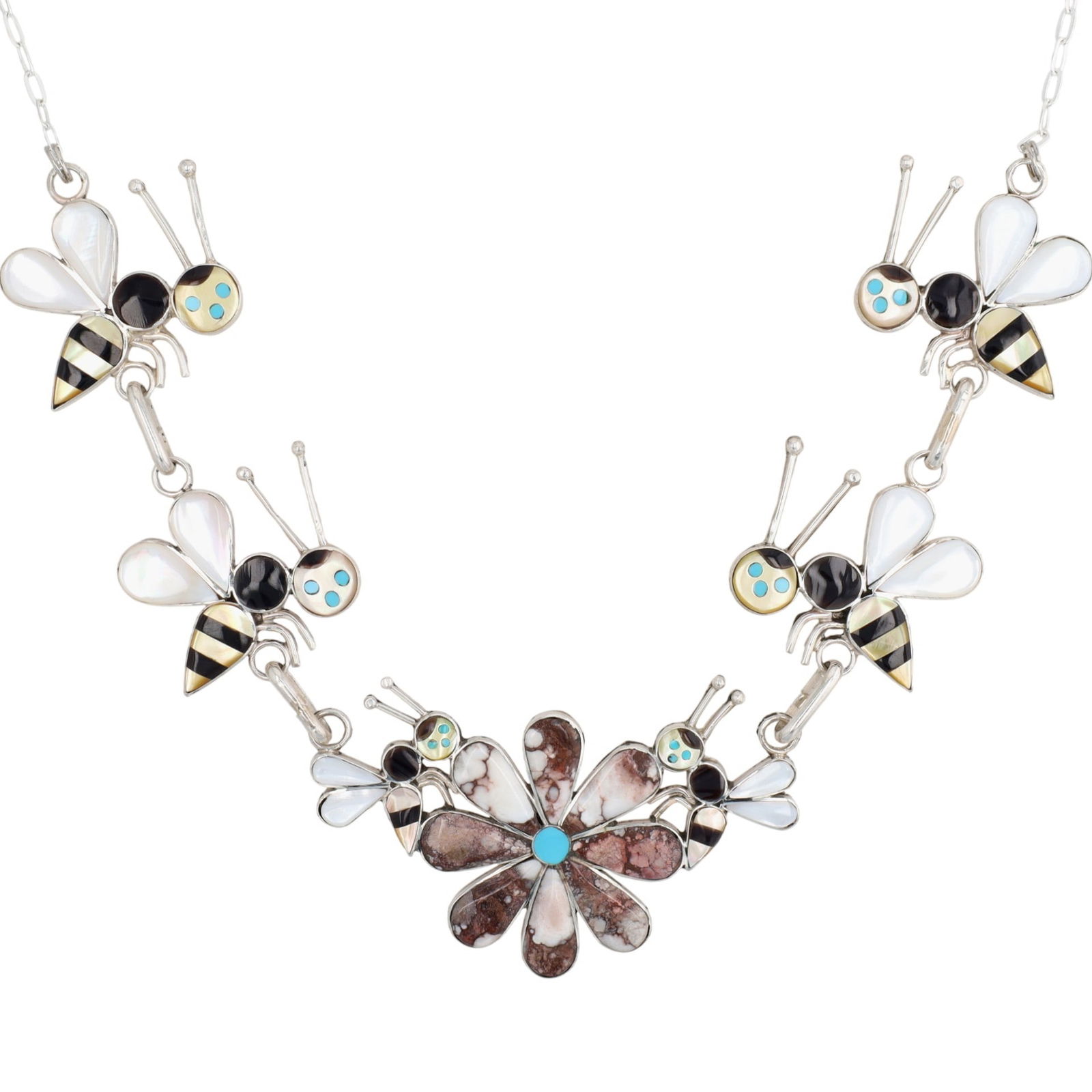 Angus Ahiyite Zuni Sterling Multi-Stone Pollinating Bee Necklace: Angus Ahiyite Zuni Sterling Multi-Stone Pollinating Bee Necklace 47g-Wild Horse, Turquoise, Onyx, Mother-of-Pearl