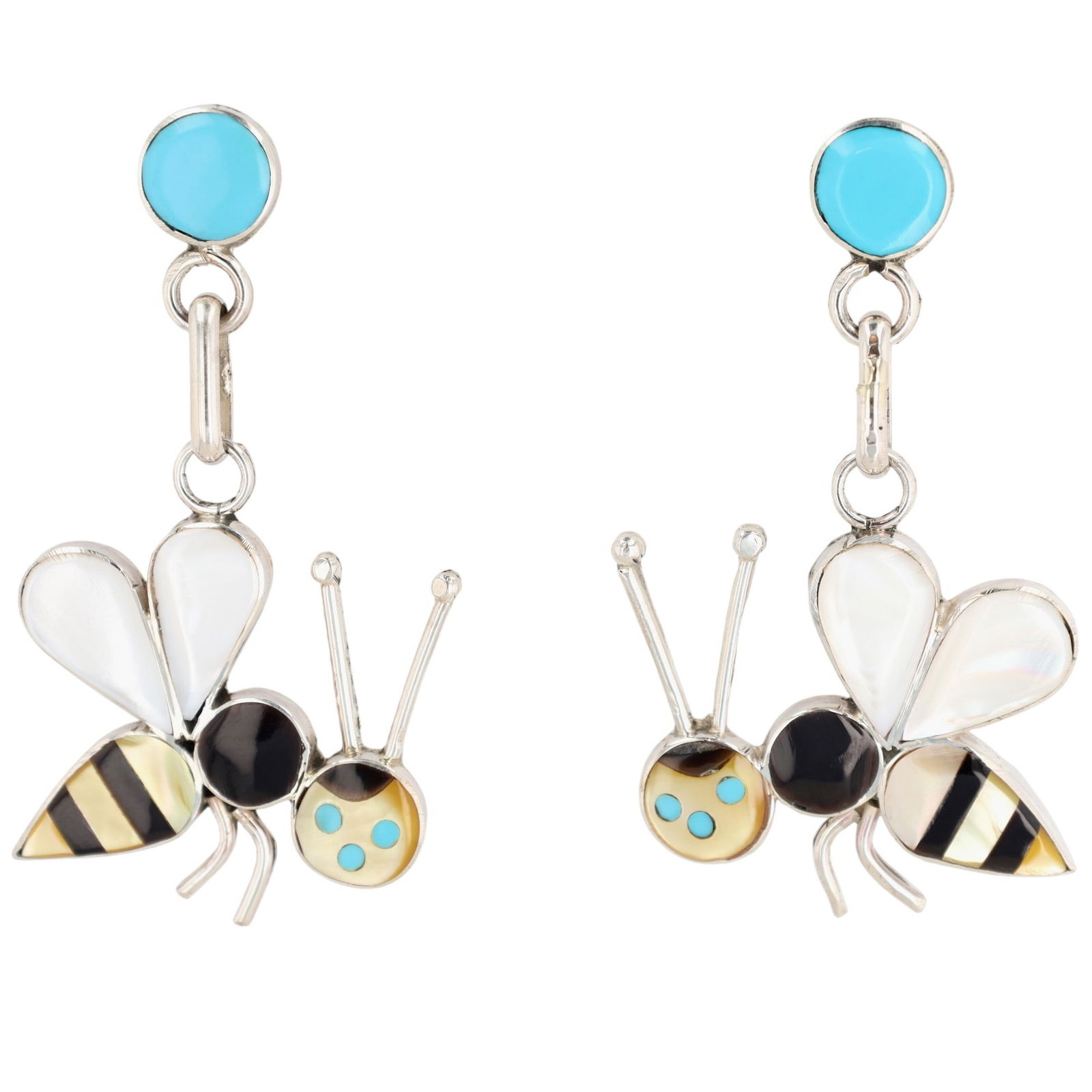 Angus Ahiyite Zuni Sterling Multi-Stone Bee Stud Dangle Earrings: Angus Ahiyite Zuni Sterling Multi-Stone Bee Stud Dangle Earrings 16g-Onyx, Turquoise, Mother-of-Pearls