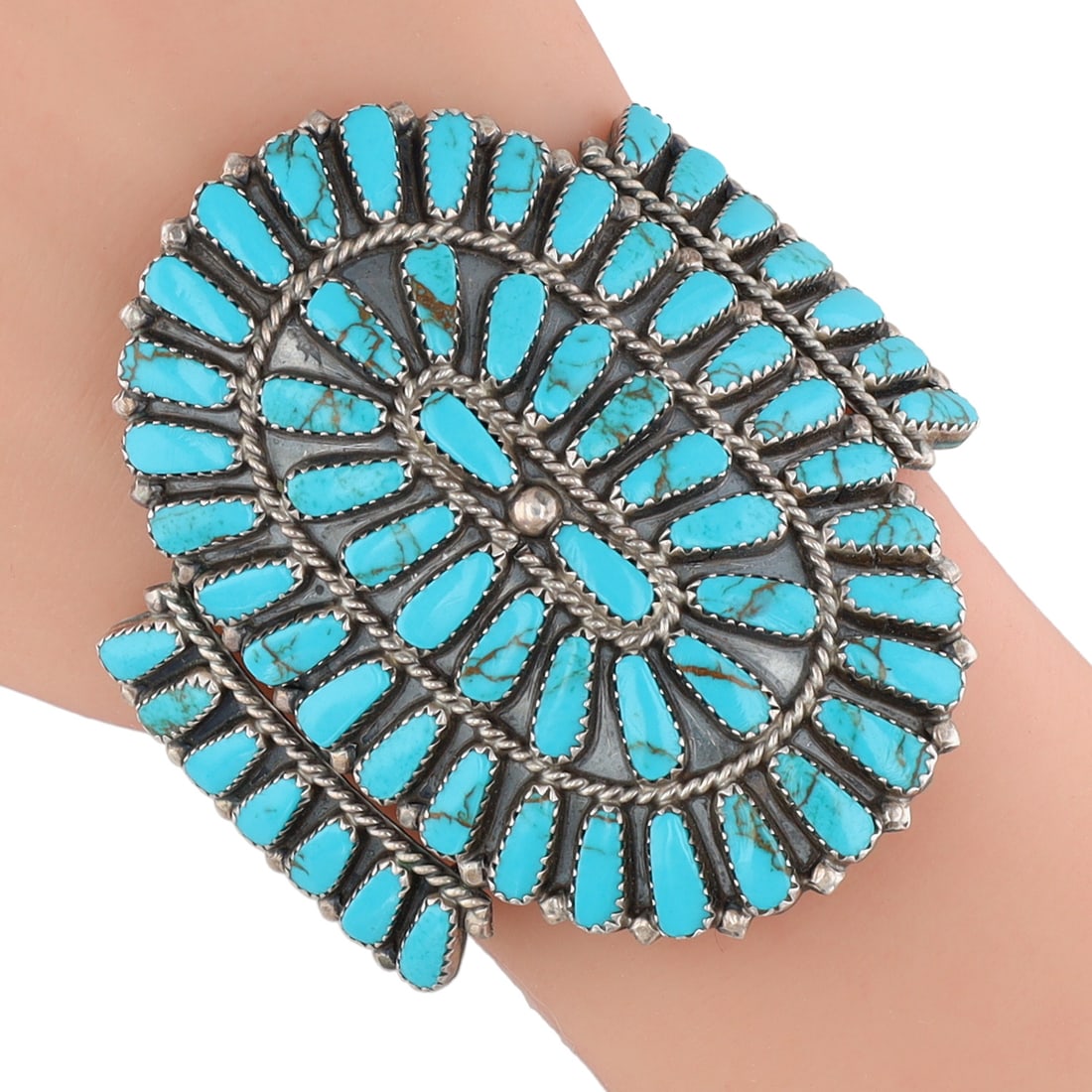 Signed Navajo Sterling Turquoise Cluster Cuff Bracelet (1 of 8)