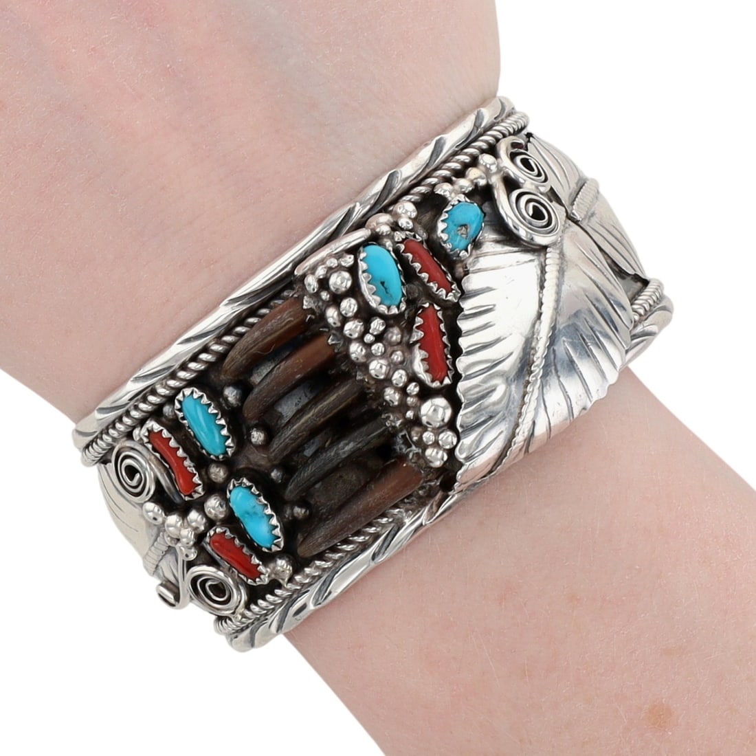 Jones Latome Navajo Sterling Multi-Stone Claw Cuff Bracelet: Jones Latome Navajo Sterling Multi-Stone Claw Cuff Bracelet 61g-Coral, Turquoise