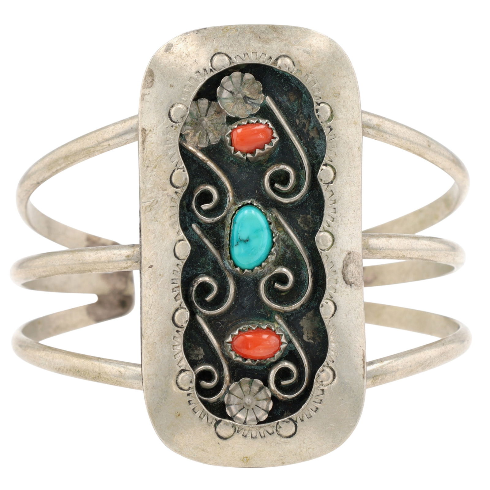 Vintage Navajo Nickel Silver Multi-Stone Shadow Box Cuff Bracelet (1 of 5)