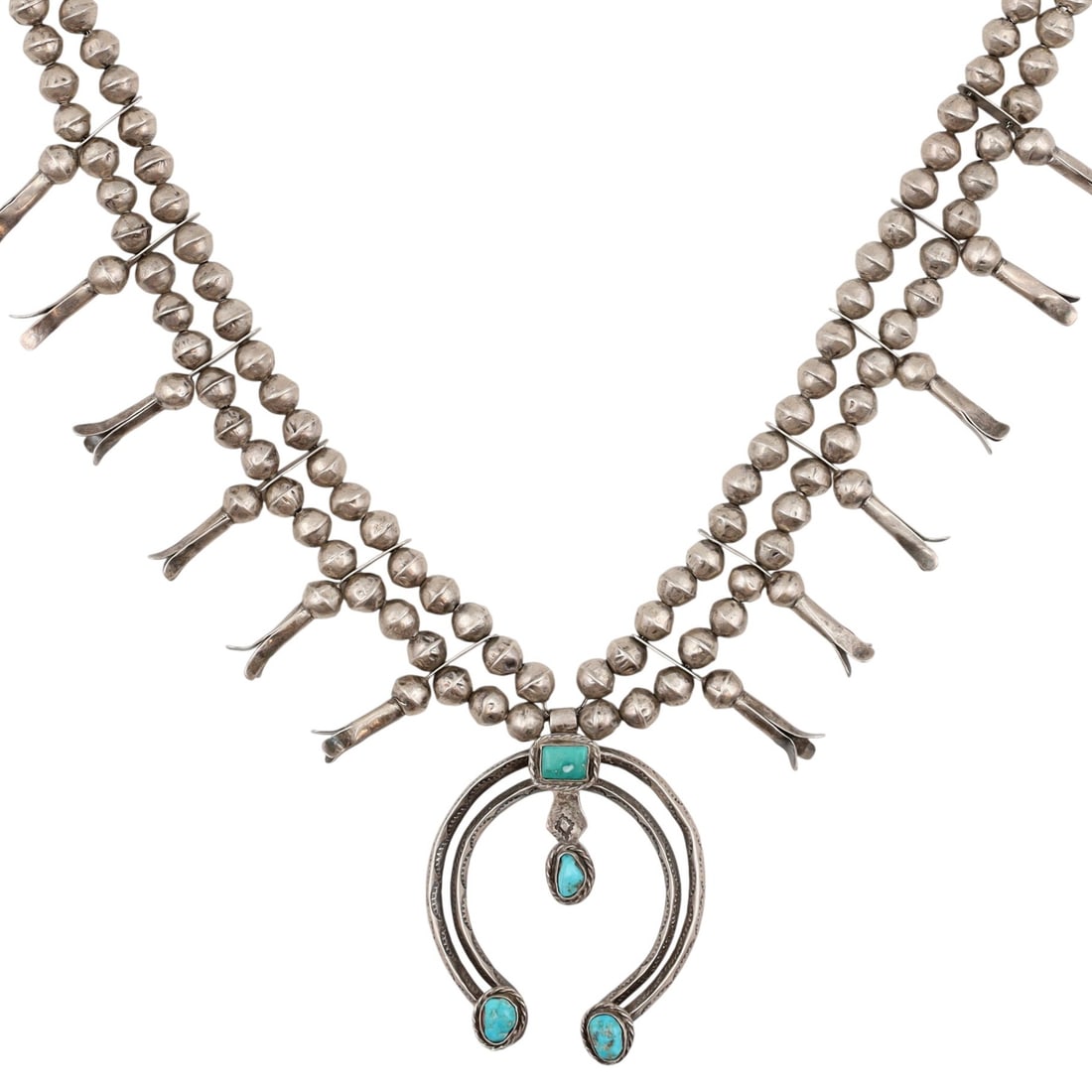 Vintage Navajo Sterling Turquoise Squash Blossom Necklace (1 of 6)