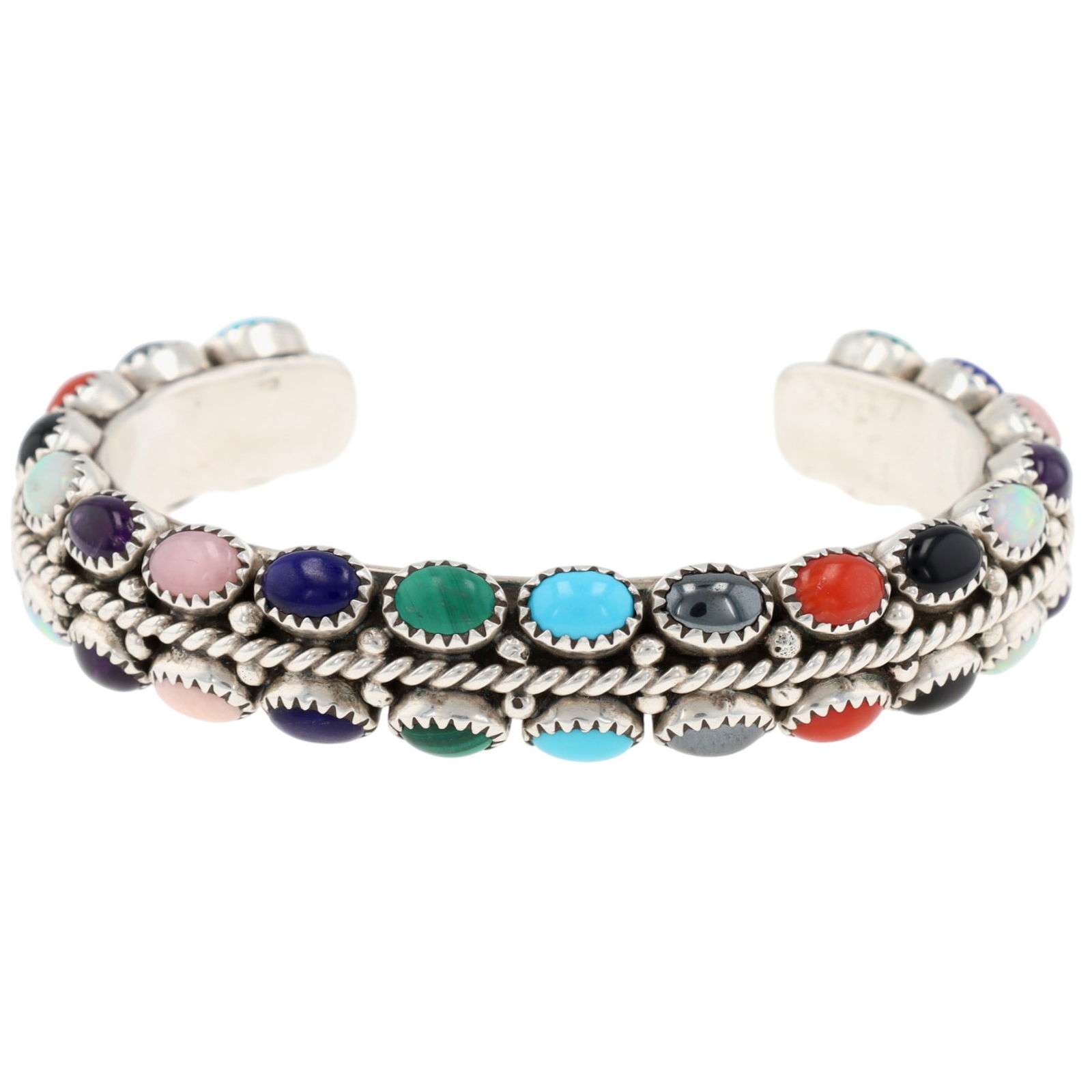 R Bia Navajo Sterling Multi-Stone Cuff Bracelet: R Bia Navajo Sterling Multi-Stone Cuff Bracelet 69g-Malachite, Lapis, Pink Conch, Amethyst, Opal, Onyx, Coral, Hematite, Turquoise